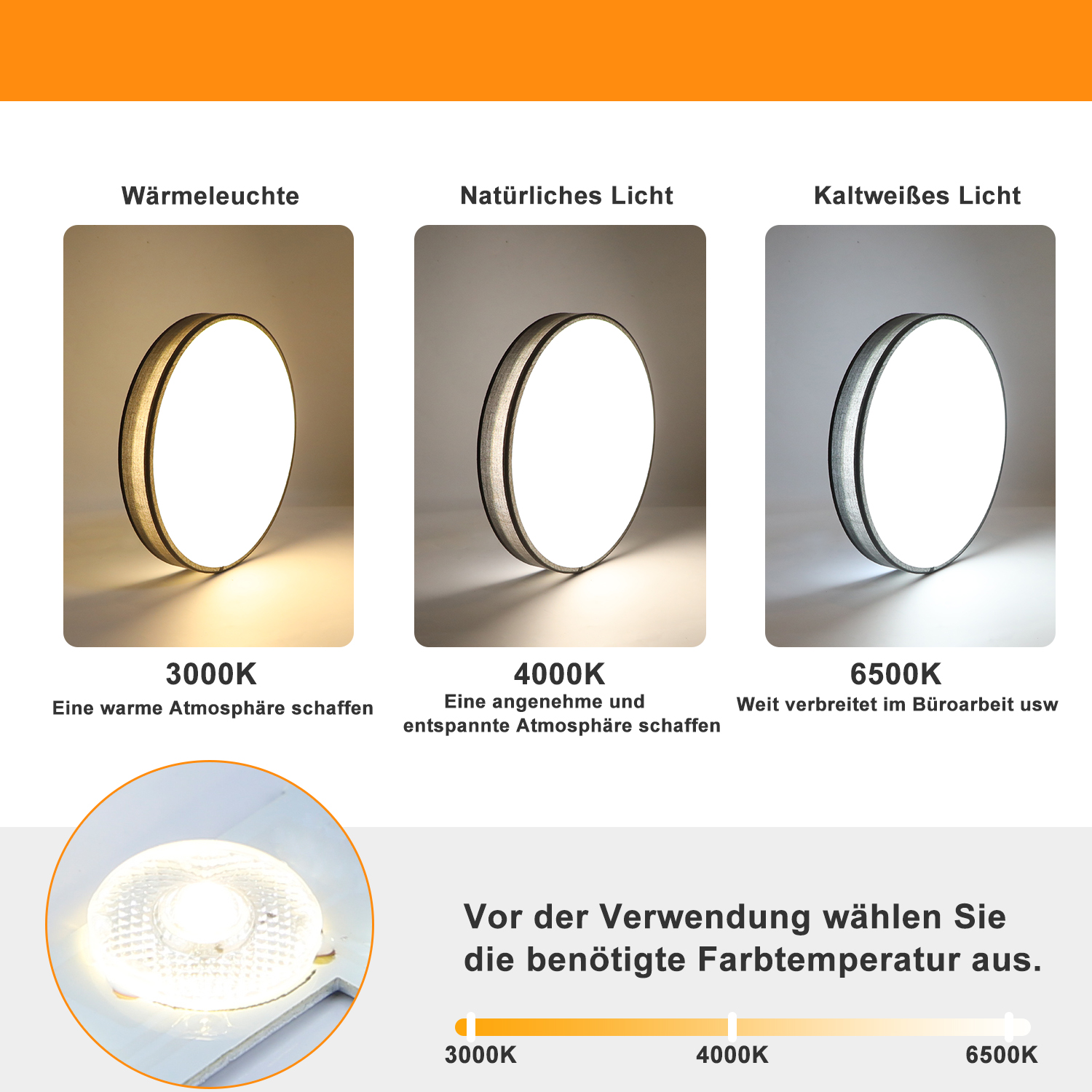 Trzy okrągłe lampy sufitowe o różnych temperaturach barwowych: ciepłej, naturalnej i zimnej.