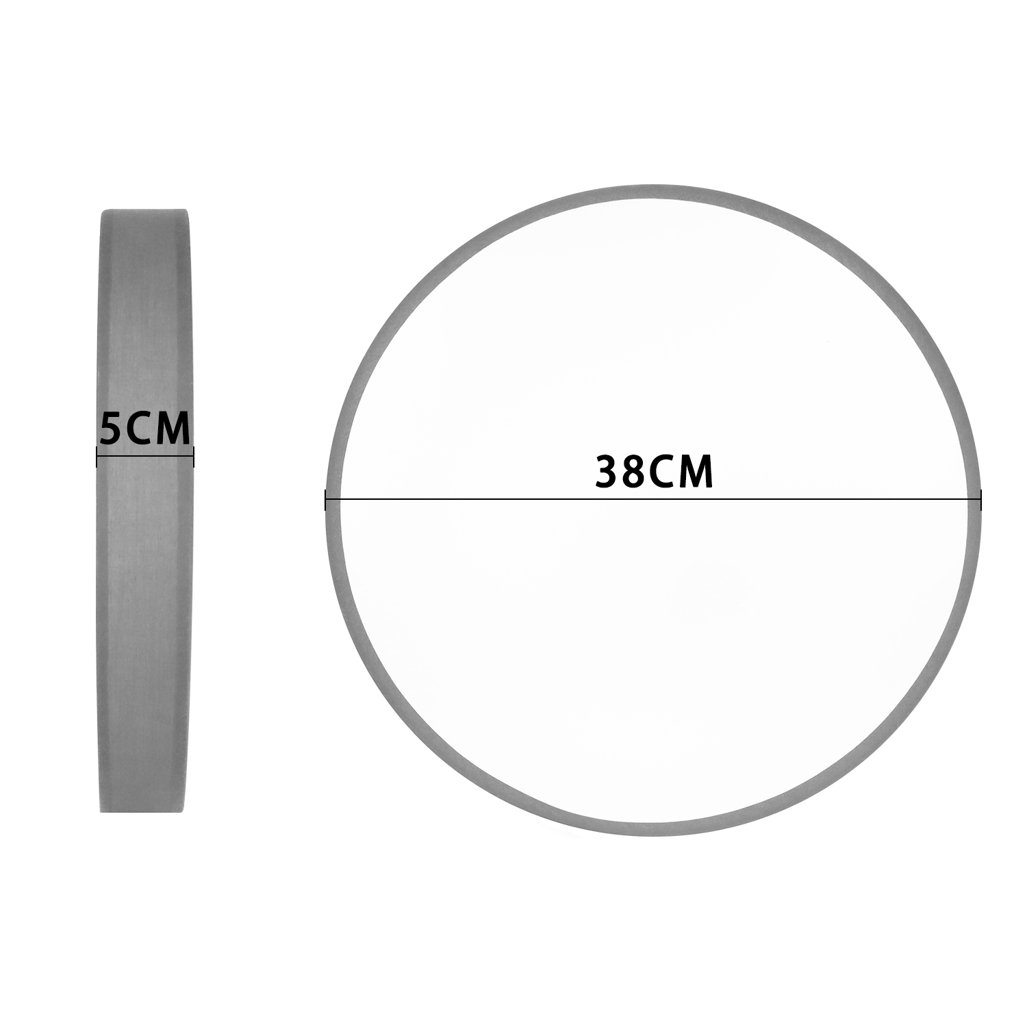 Szary pierścień o średnicy 38 cm i pionowym przekroju o grubości 5 cm na białym tle.