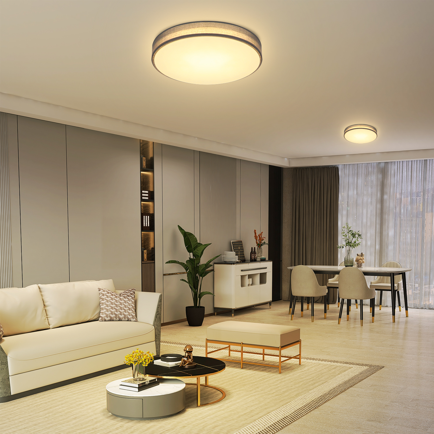 Wnętrze salonu z dwoma lampami sufitowymi, sofą, stołem i rośliną.