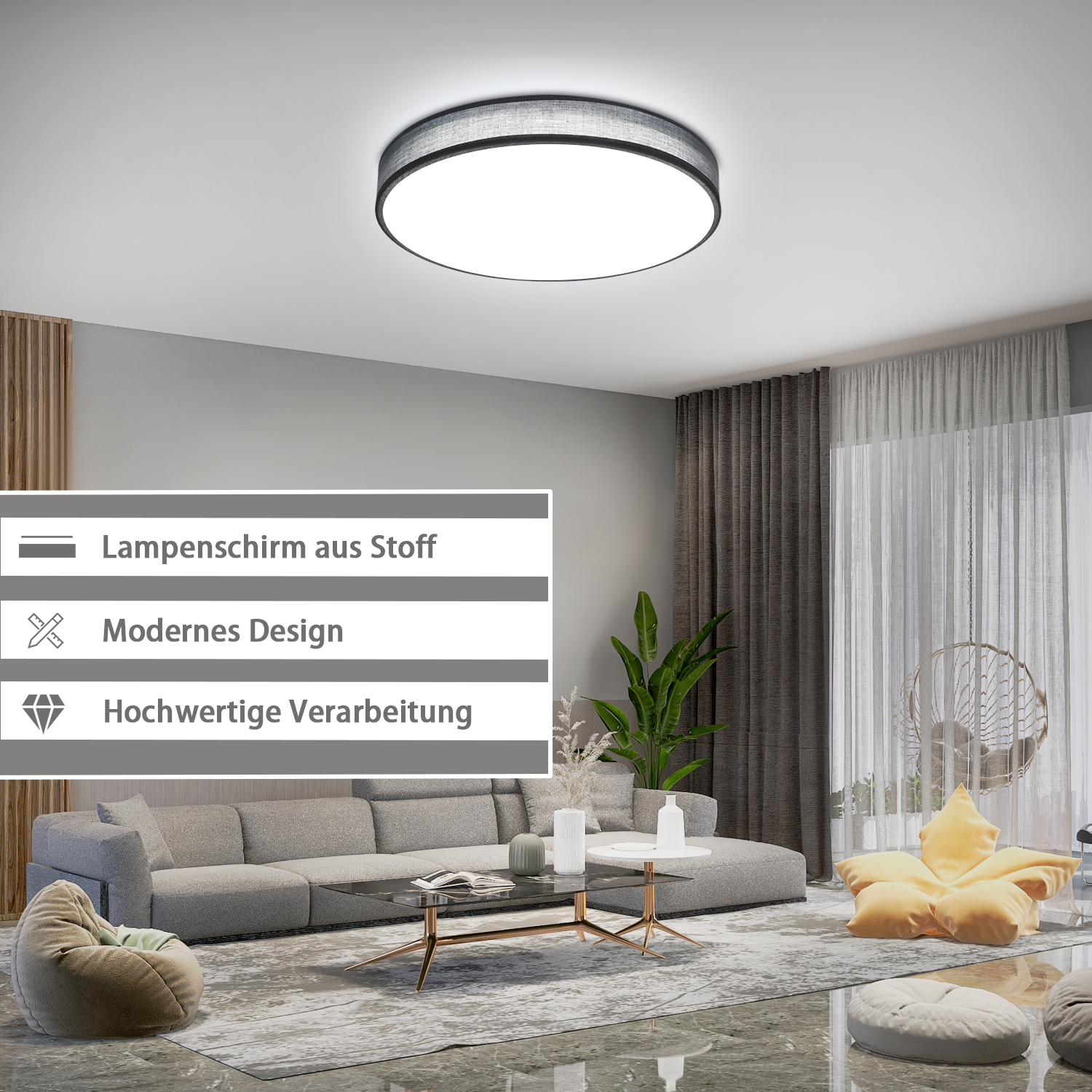 Nowoczesny salon z okrągłą lampą sufitową i szarą sofą.