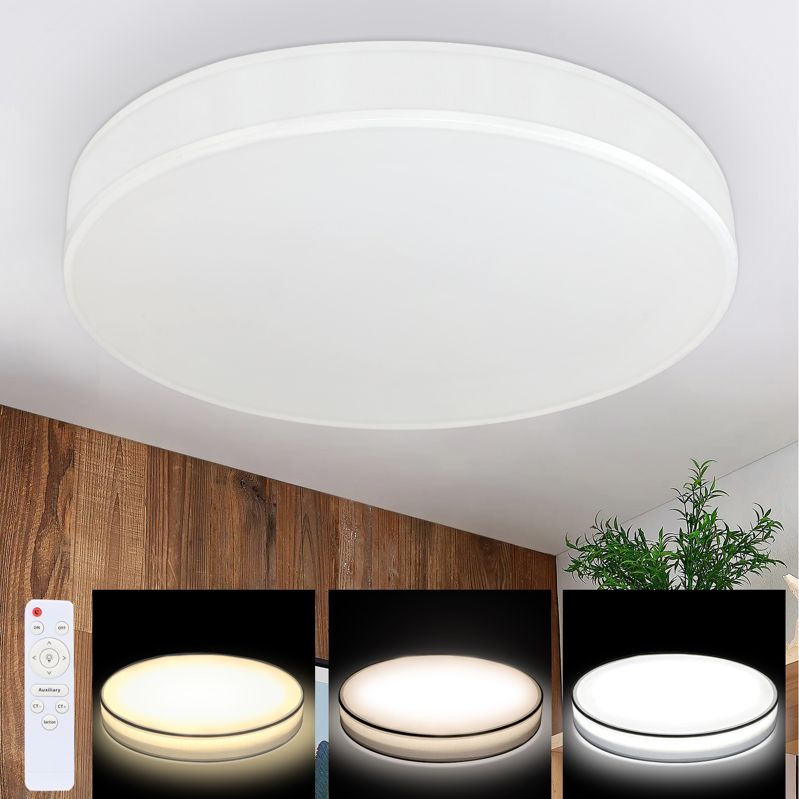 Biała lampa sufitowa z pilotem. Trzy przykłady poziomów światła: ciepłe, neutralne i jasne.