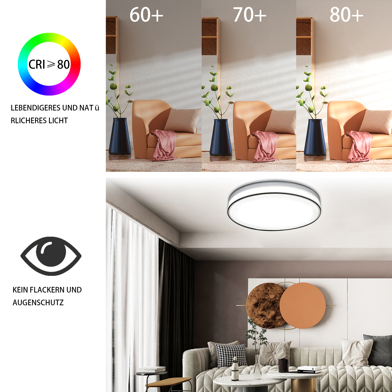 Pokój z sofą, krzesłami, roślinami i lampą sufitową z informacjami o spektrum barw.