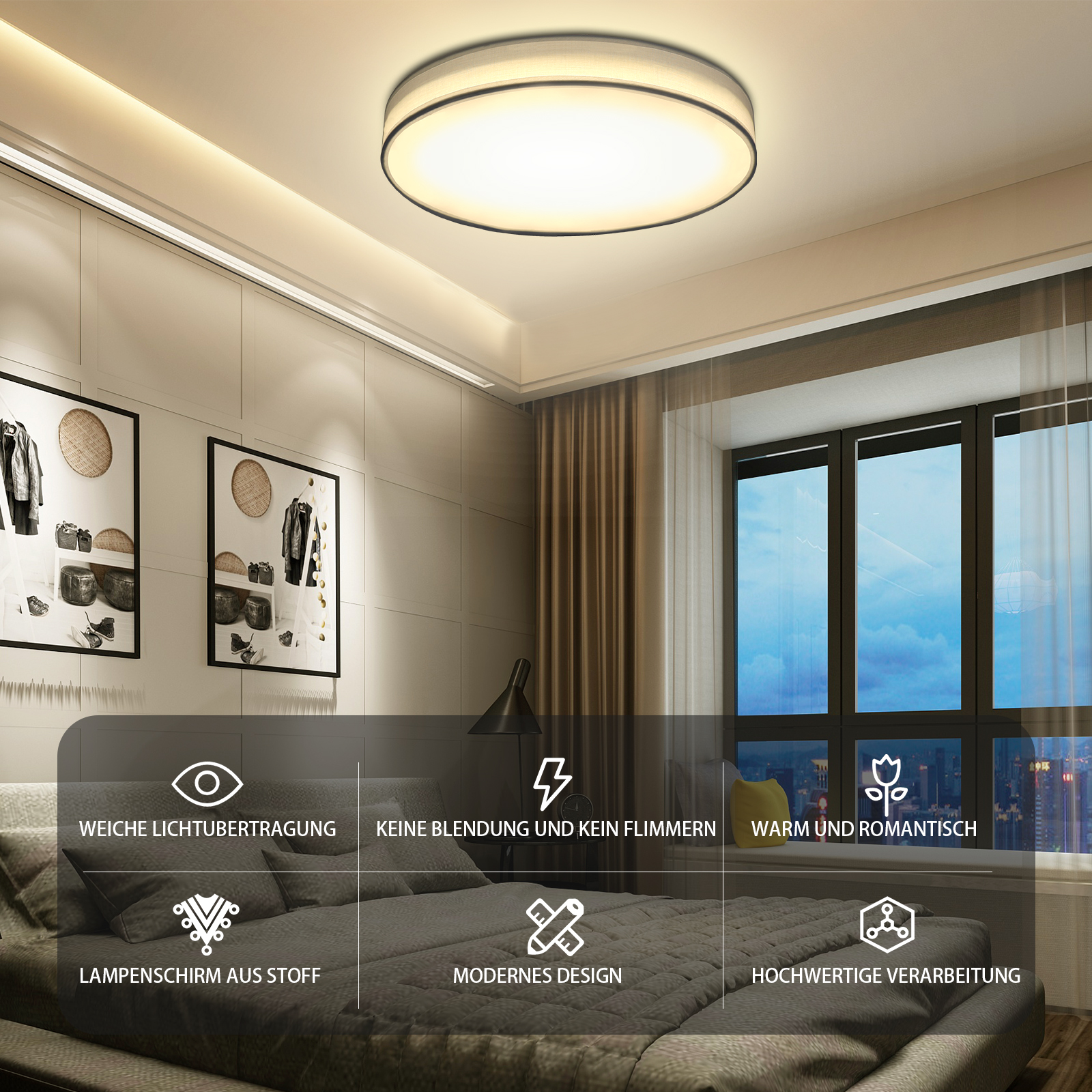 Sypialnia z lampą sufitową, łóżkiem i oknem z widokiem na miasto.