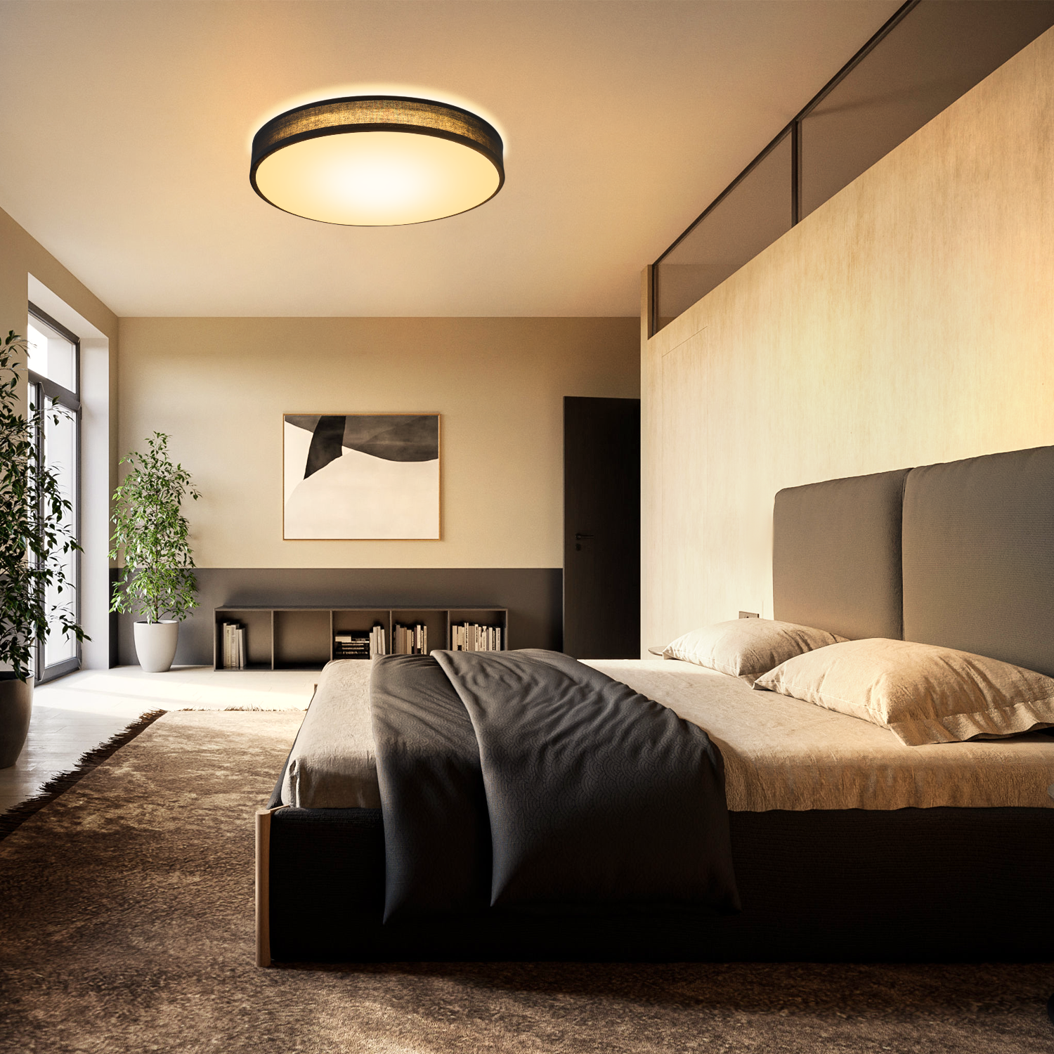 Nowoczesna sypialnia w neutralnych tonacjach. Widoczne duże łóżko, obraz i lampa sufitowa.