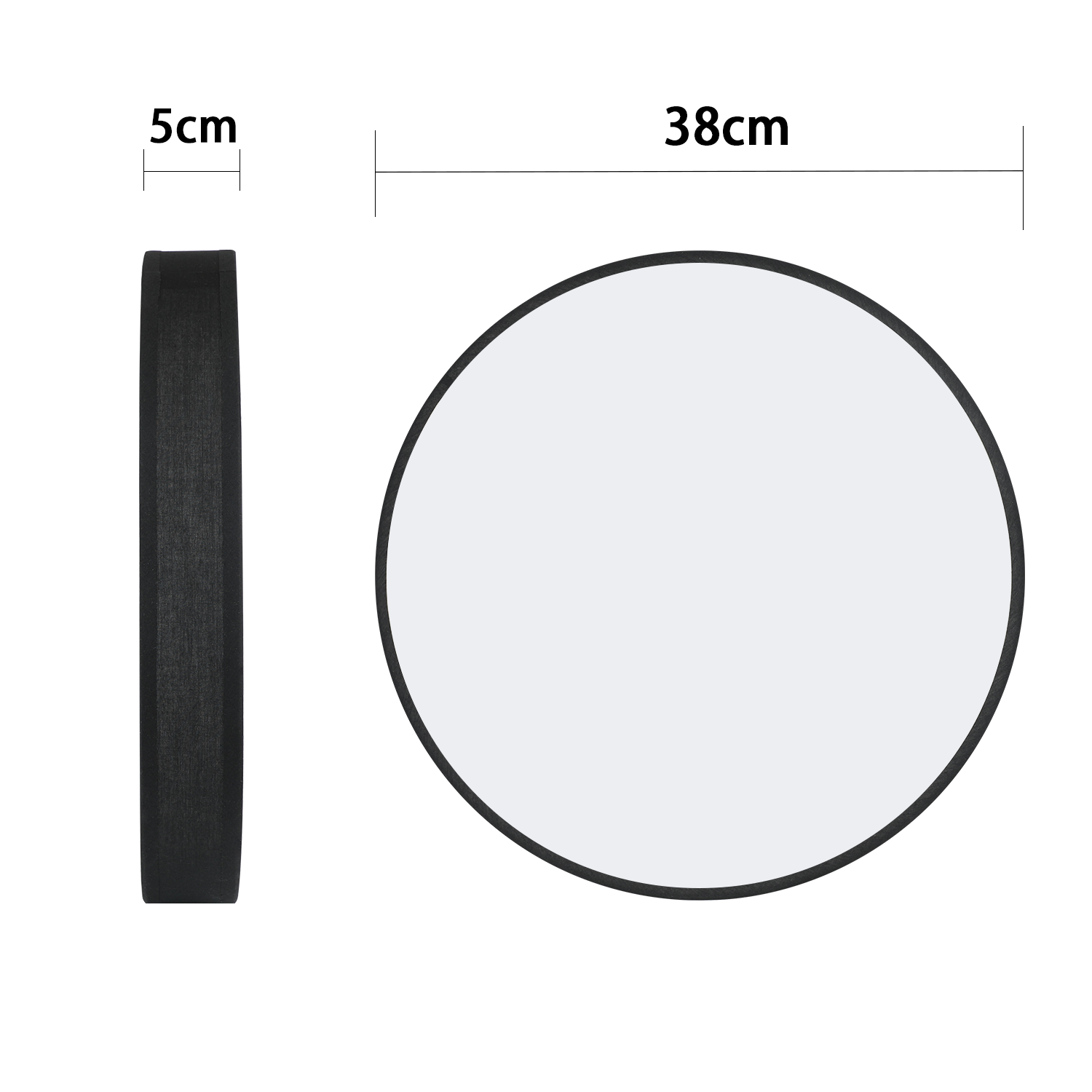 Okrągłe czarne lustro. Pokazuje widok z boku i z przodu ze specyfikacjami rozmiaru.