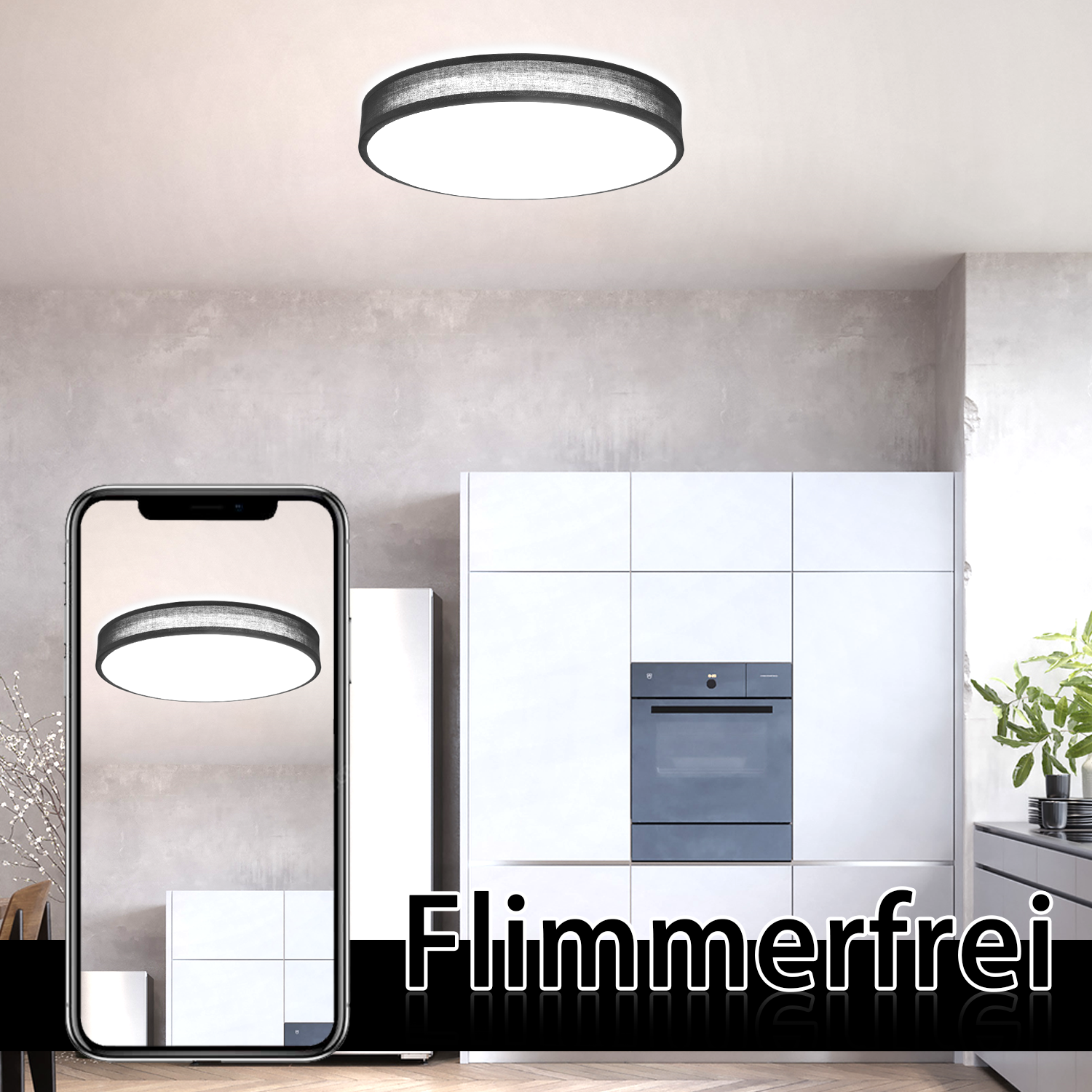 Smartfon pokazujący lampę sufitową i ta sama lampa zainstalowana w kuchni. Tekst: Flimmerfrei.