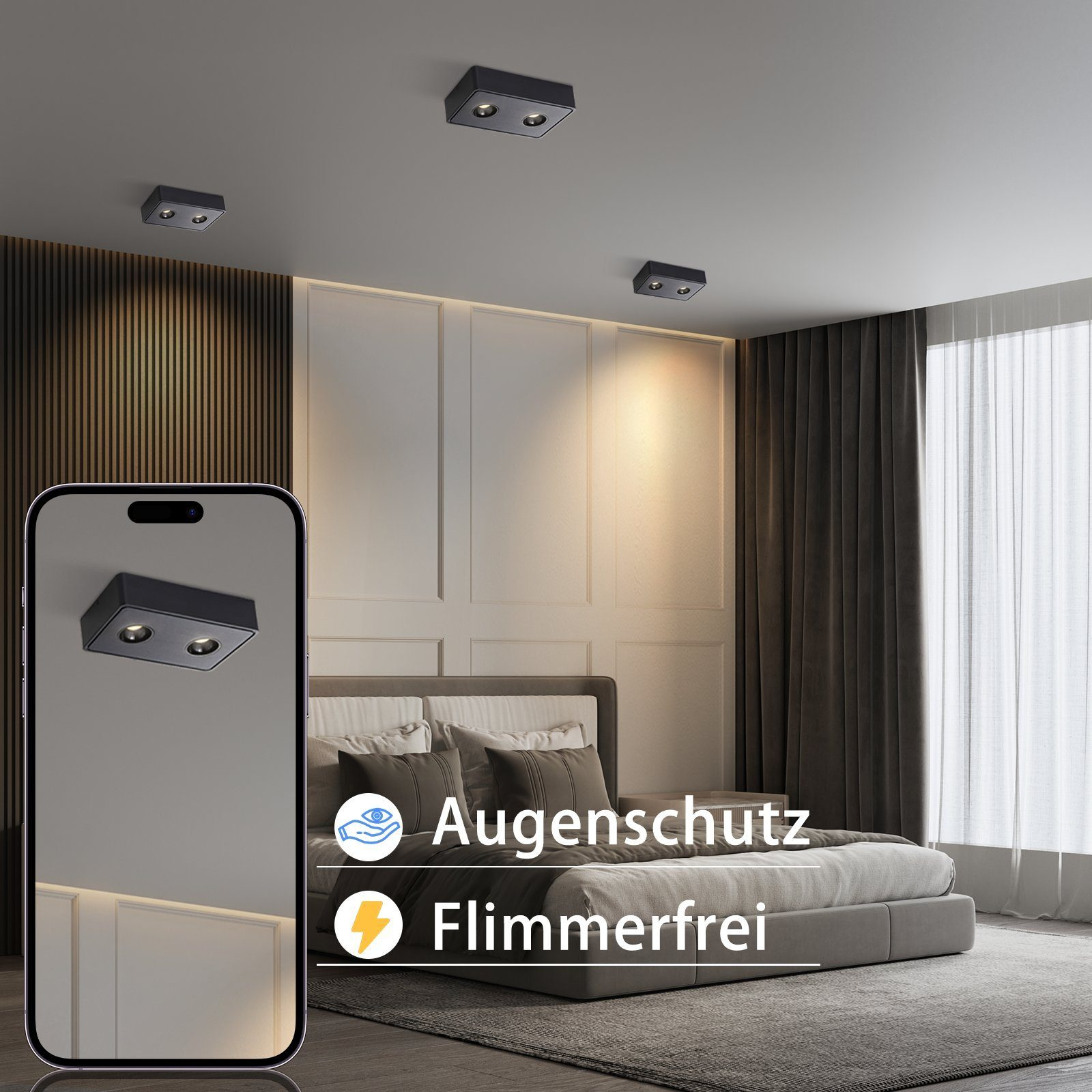 Camera da letto moderna con luci a incasso mostrate sullo schermo del telefono. Testo: protezione occhi, senza sfarfallio.