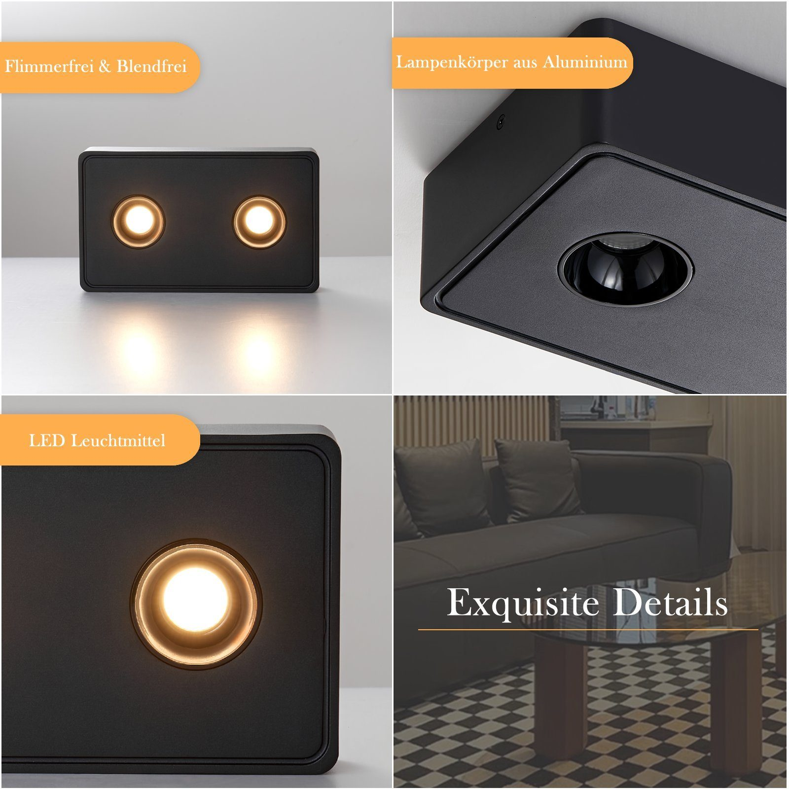 Immagini ravvicinate di un apparecchio di illuminazione a incasso nero. Vengono mostrati i dettagli dell'illuminazione.