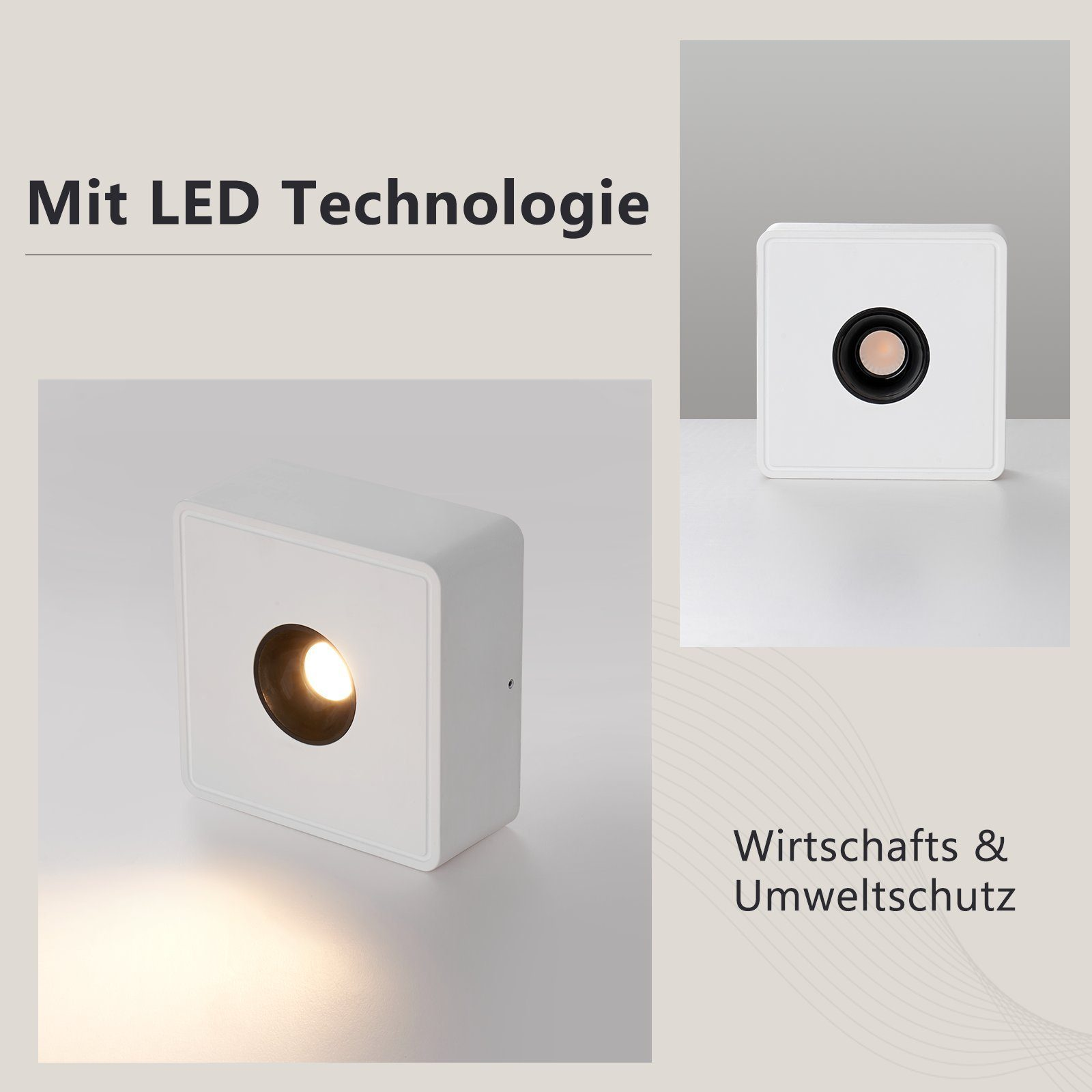 Biała kwadratowa oprawa oświetleniowa z czarnym środkiem. Tekst: "Mit LED Technologie" i "Wirtschafts & Umweltschutz".