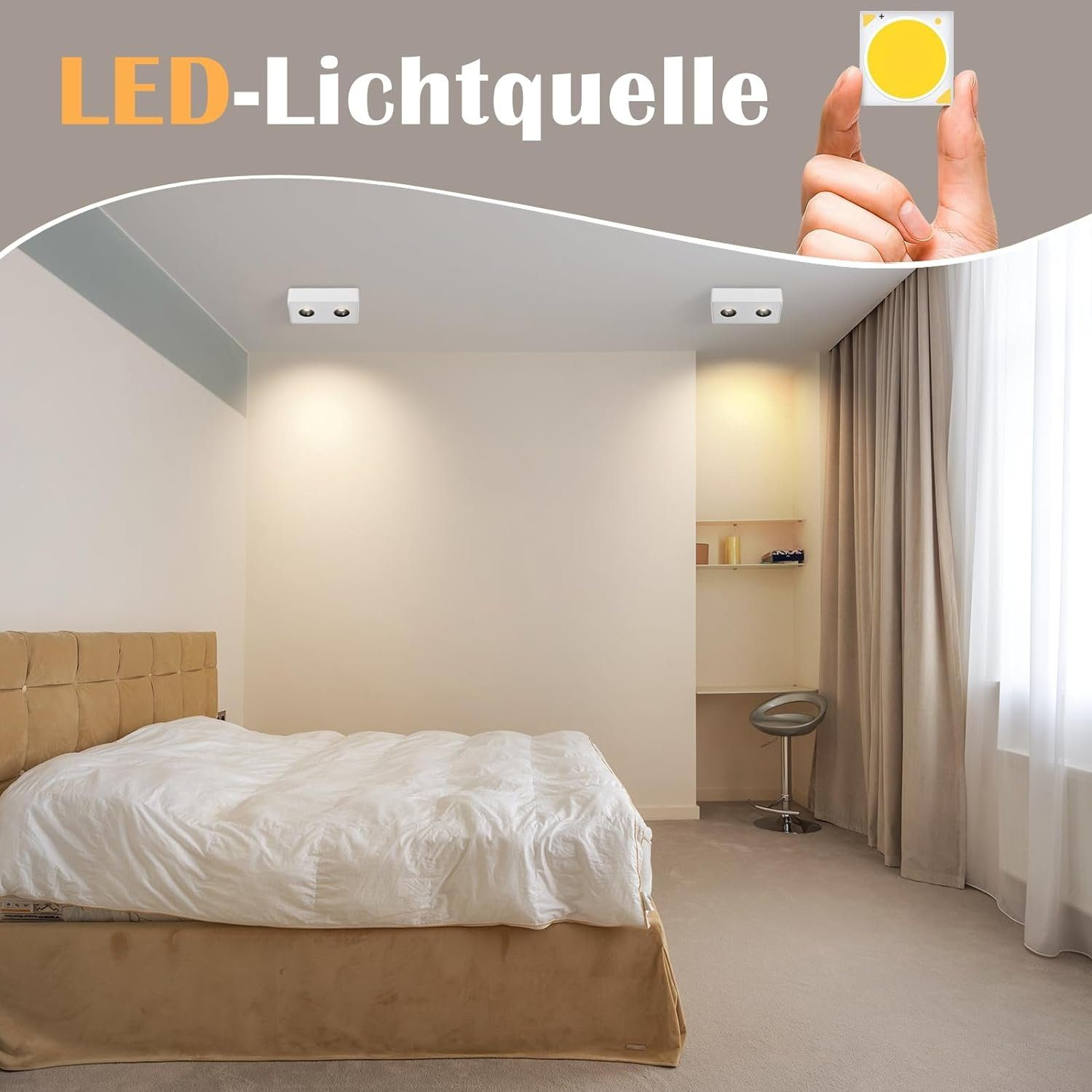 Camera da letto con luci a soffitto. Sorgente luminosa a LED e una mano che ne tiene una. Letto, sedia e finestra.