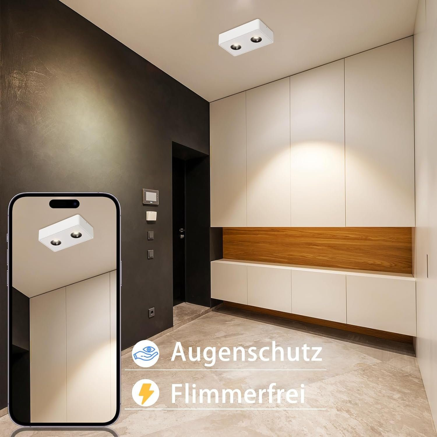 Scena interna con un telefono che mostra un apparecchio di illuminazione. Testo dice 'Augenschutz' e 'Flimmerfrei'.