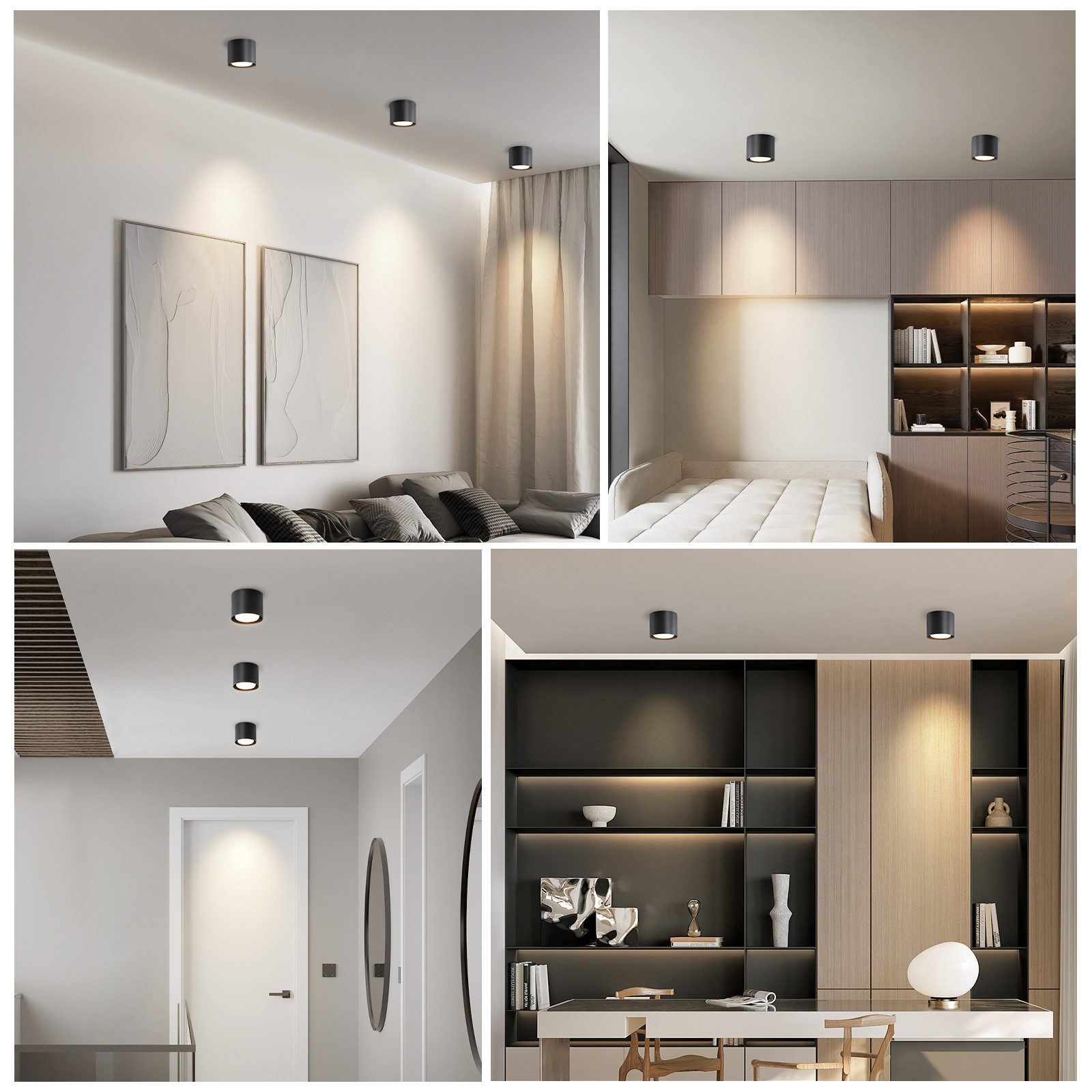 Quattro foto di lampade da soffitto nere in varie stanze. Le stanze includono soggiorno, camera da letto e corridoio.