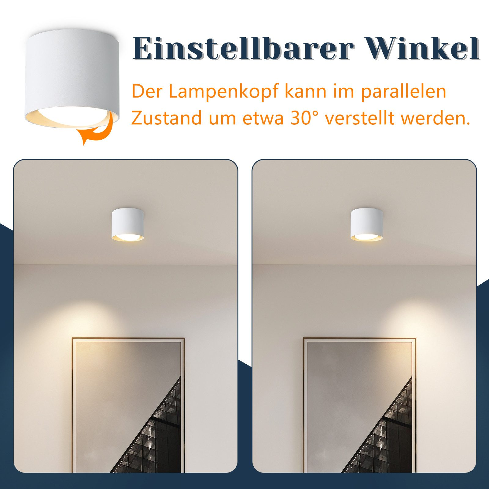 Due immagini di una lampada da soffitto bianca. La luce può essere regolata per cambiare l'angolo.