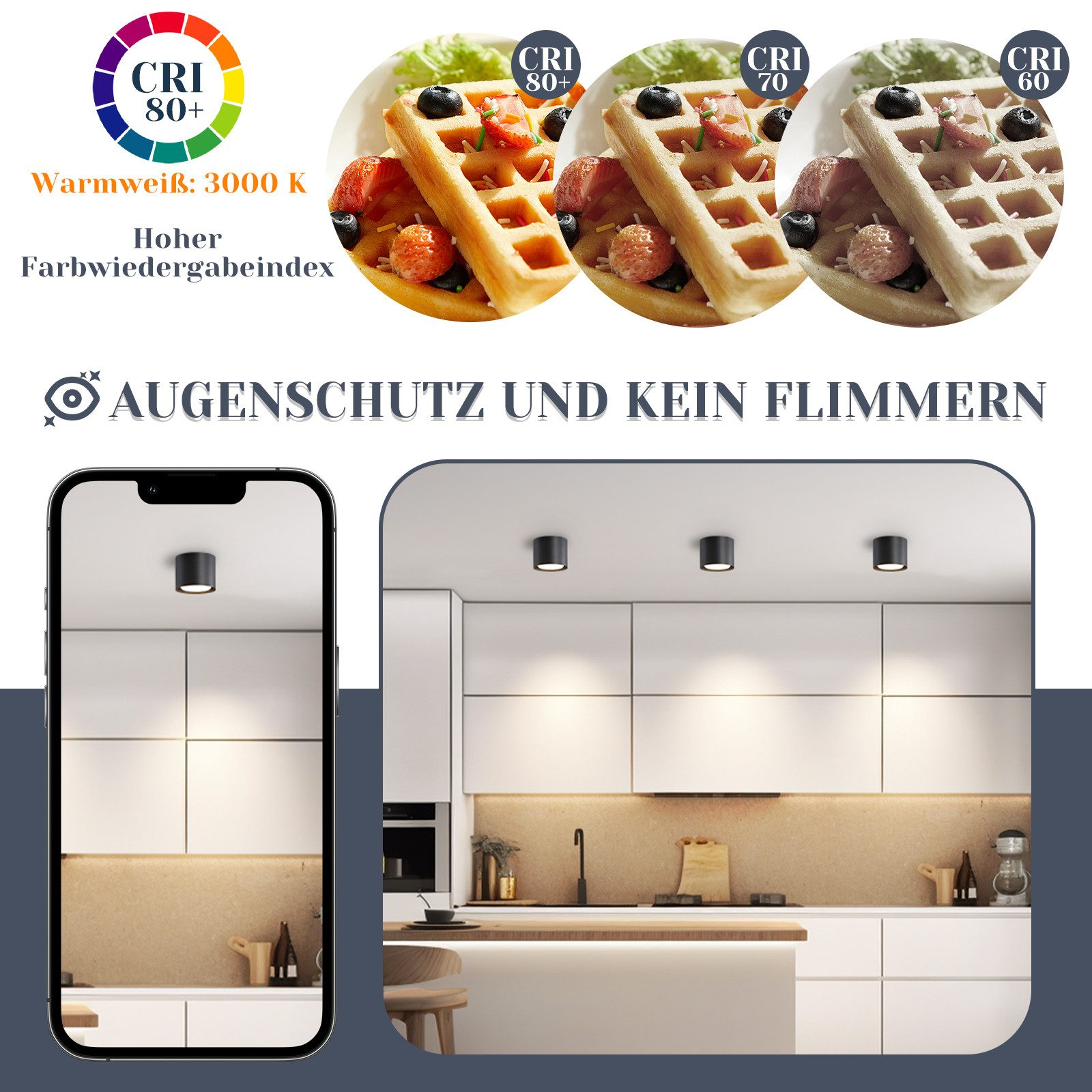 Tre waffle con diverse impostazioni di luce, accanto a una scena di cucina con luci.