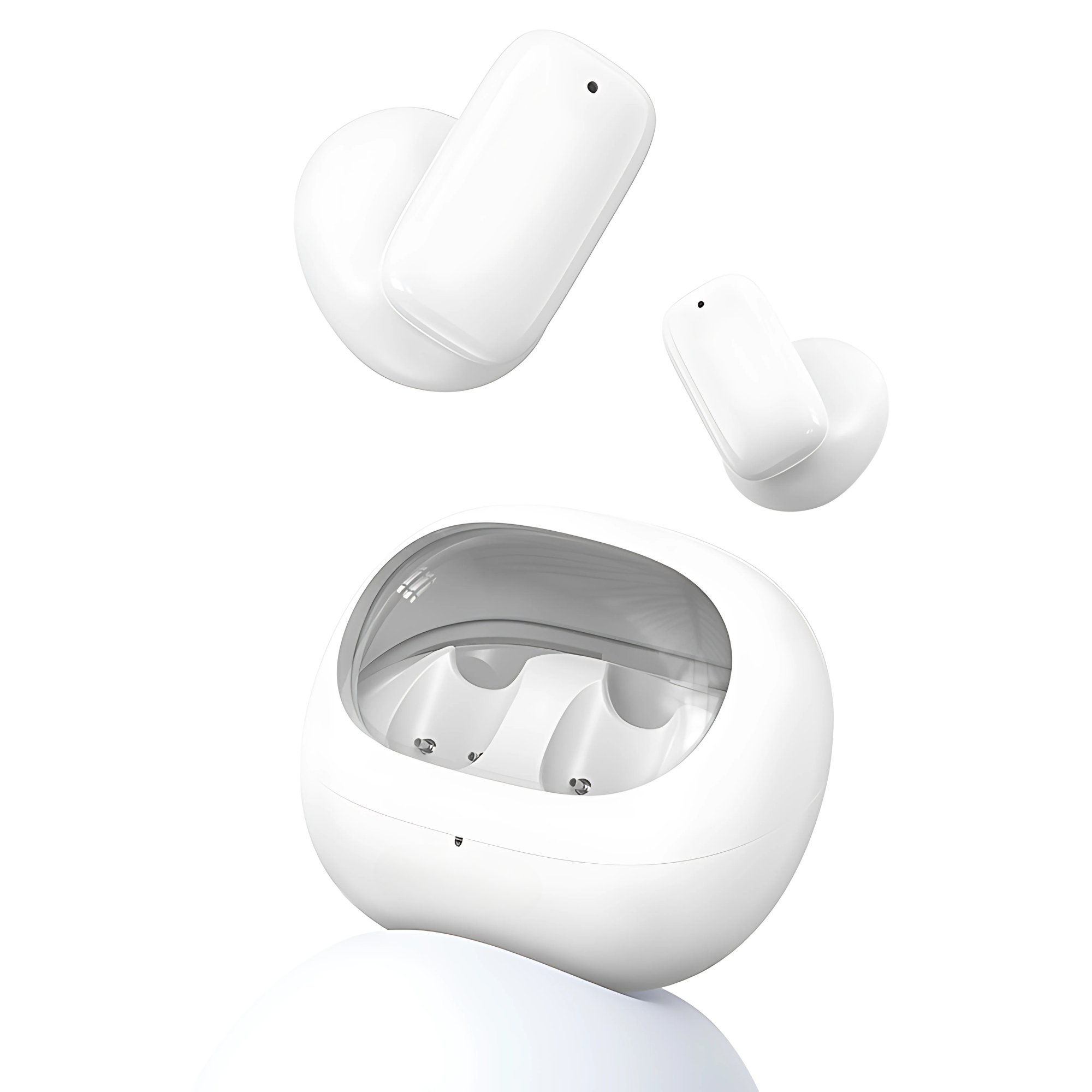 Białe bezprzewodowe słuchawki douszne i etui ładujące na białym tle. Efekt unoszenia się.