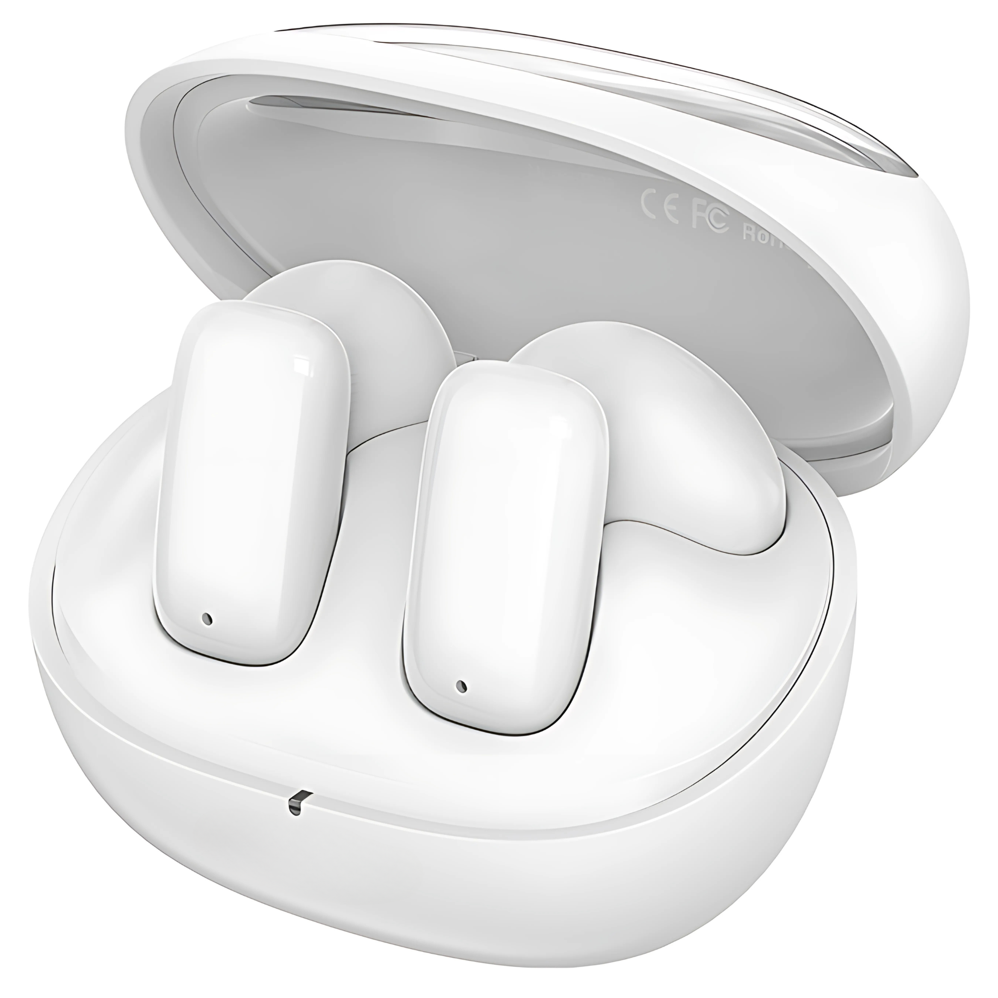 Białe bezprzewodowe słuchawki w otwartym białym etui ładującym.