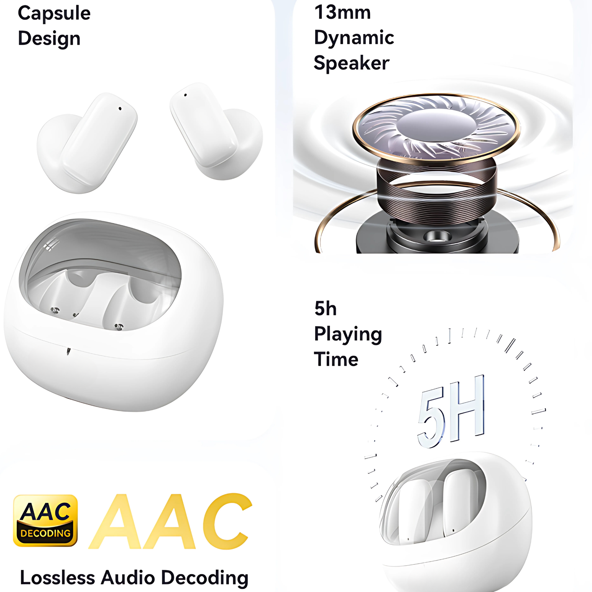 Białe bezprzewodowe słuchawki douszne o konstrukcji kapsułowej i etui ładującym.