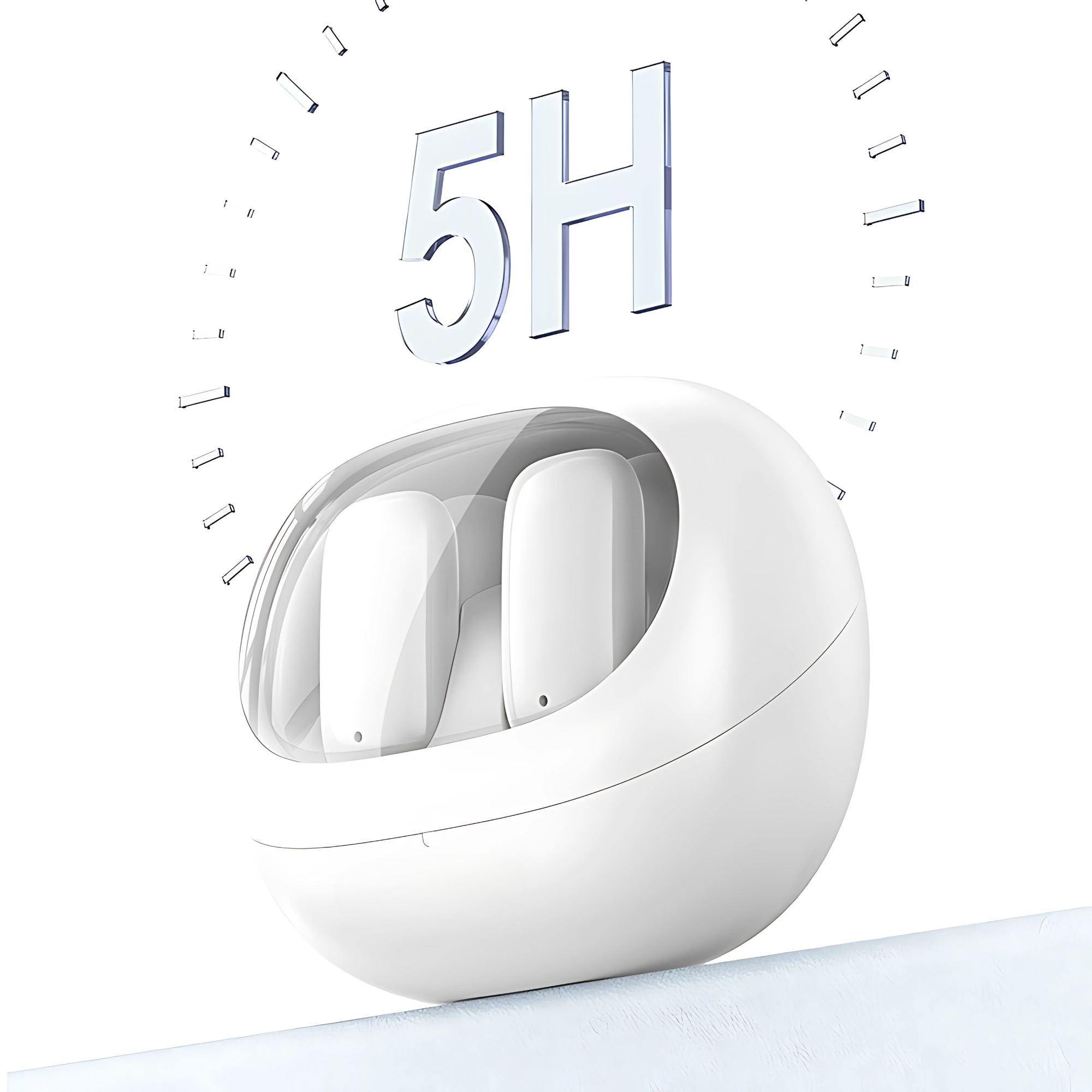 Białe słuchawki douszne w białym etui w kształcie jajka z tekstem 5H powyżej i projektem zegara.