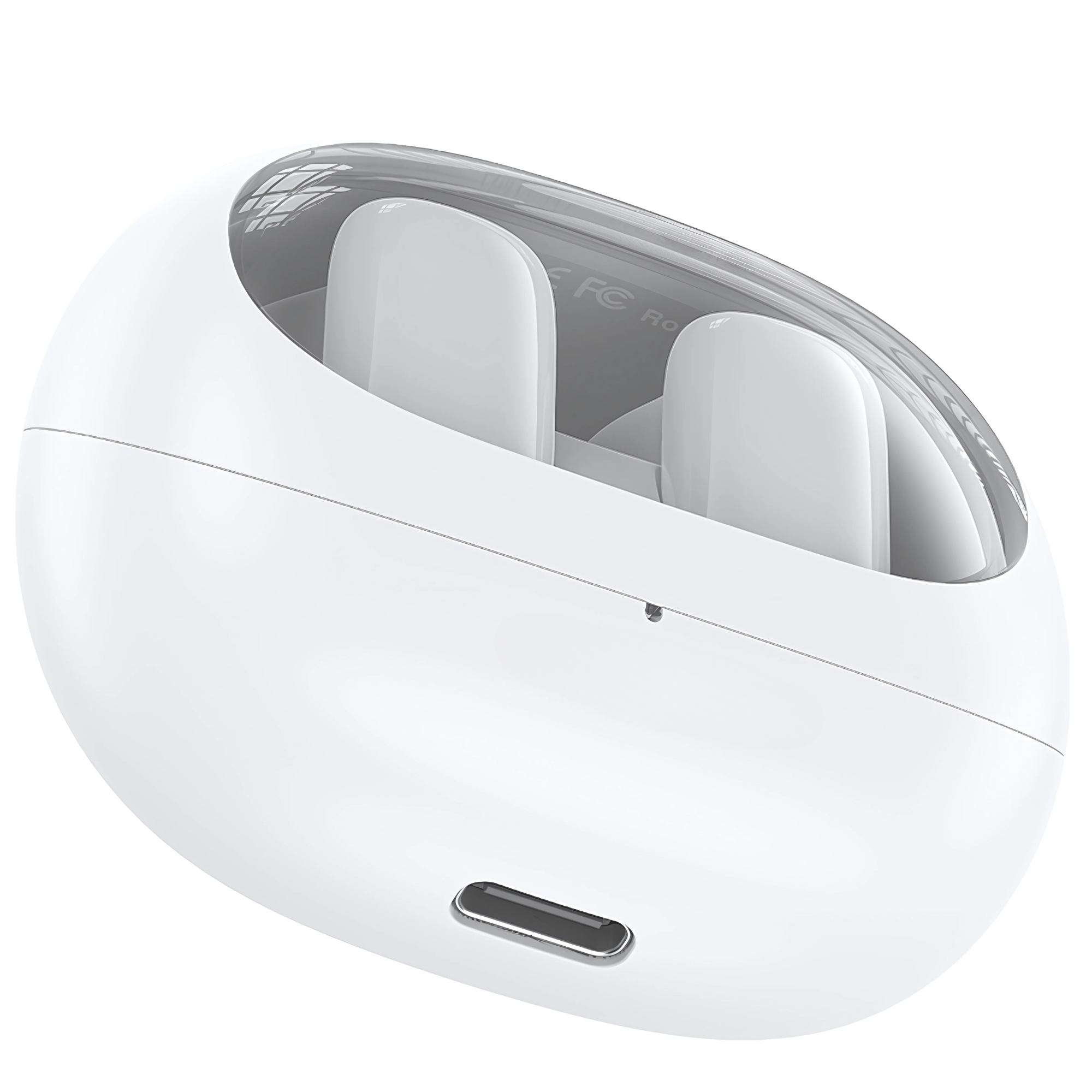 Białe etui ładujące dla dwóch bezprzewodowych słuchawek. Posiada port ładowania.