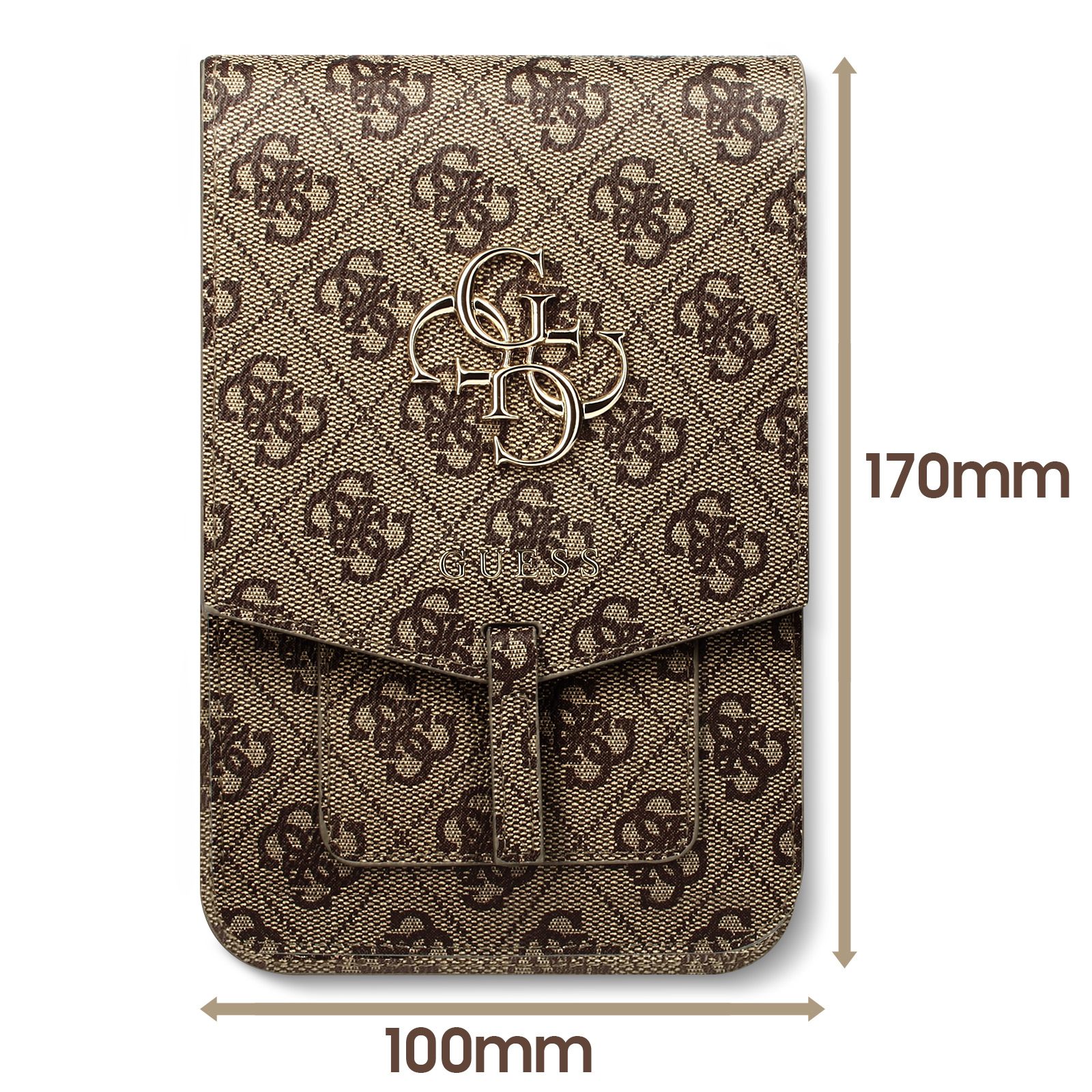 Una custodia per telefono Guess con un motivo a logo ripetuto. Misura 170 mm x 100 mm, con patta e fibbia.