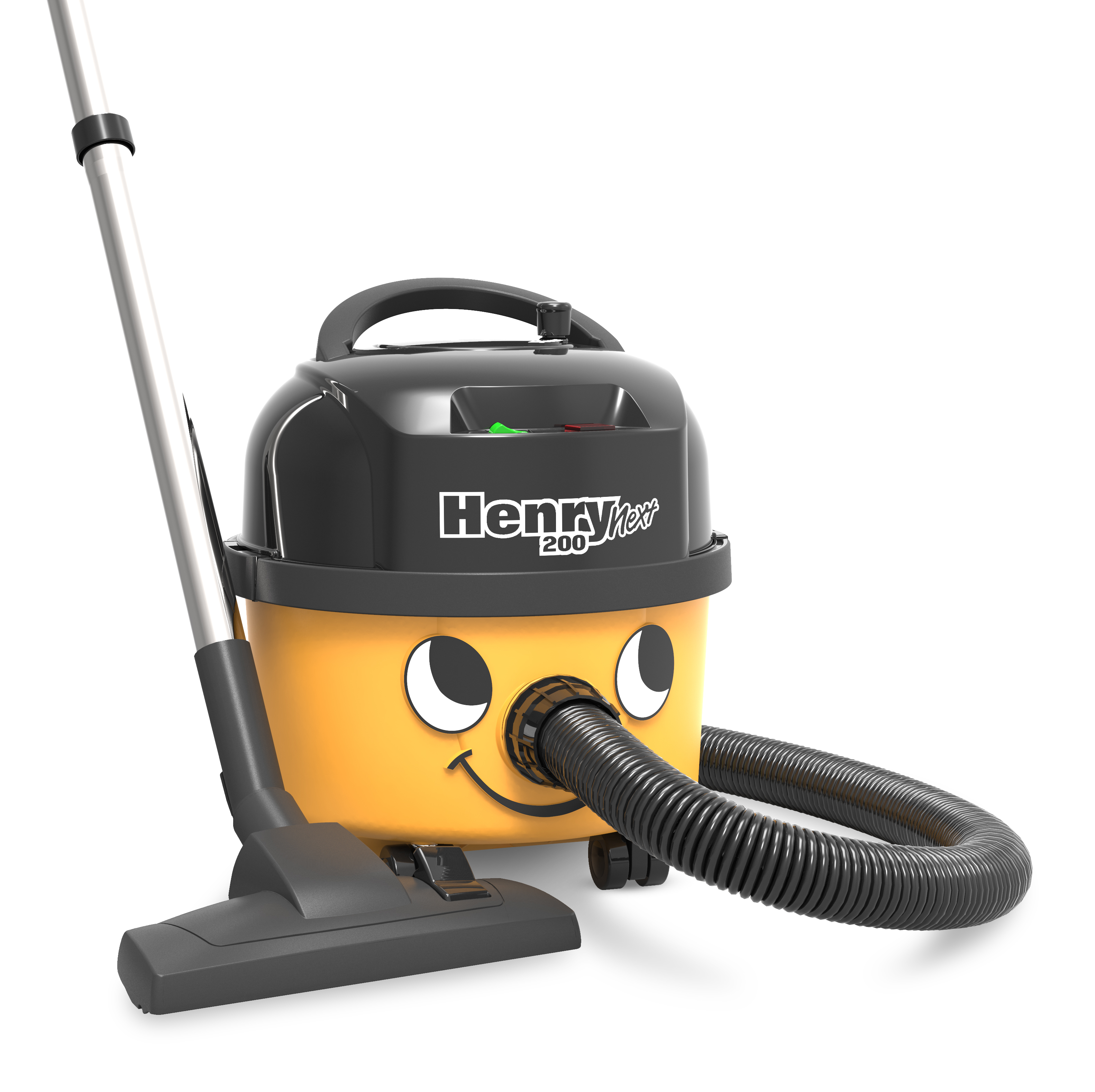 A yellow Henry vacuum cleaner with a friendly face, hose, and floor attachment, set against a white background.