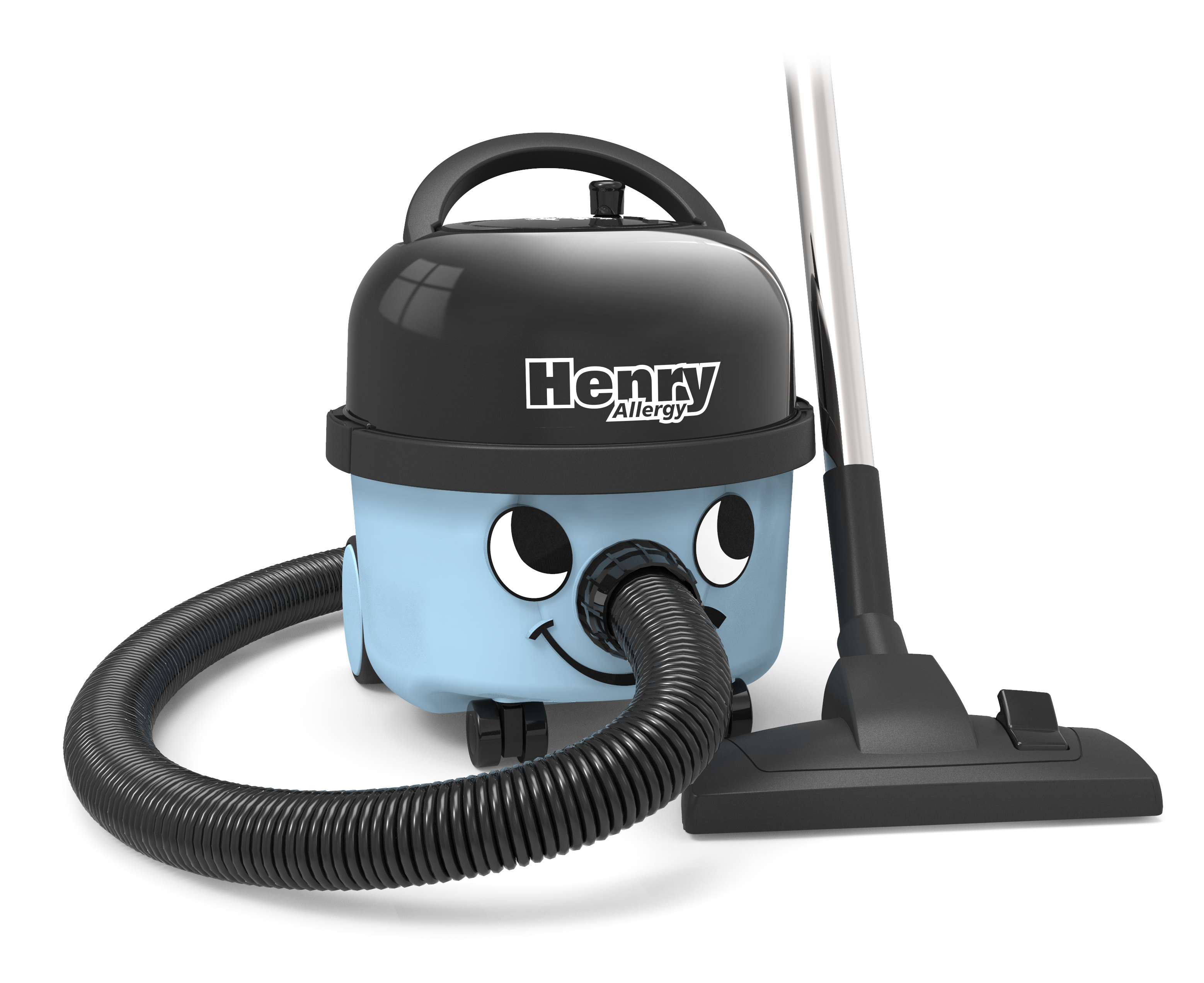 Blue and black vacuum cleaner with a smiling face, and a long hose.