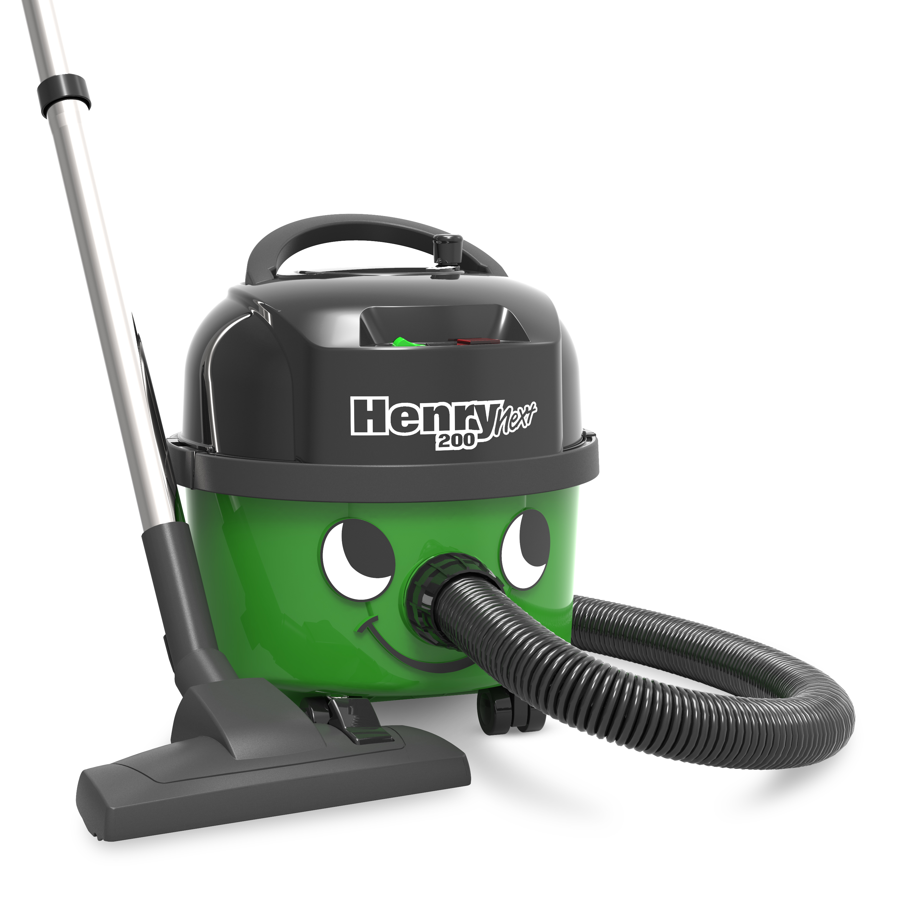 A green and black Henry vacuum cleaner with a smiling face and vacuum hose.