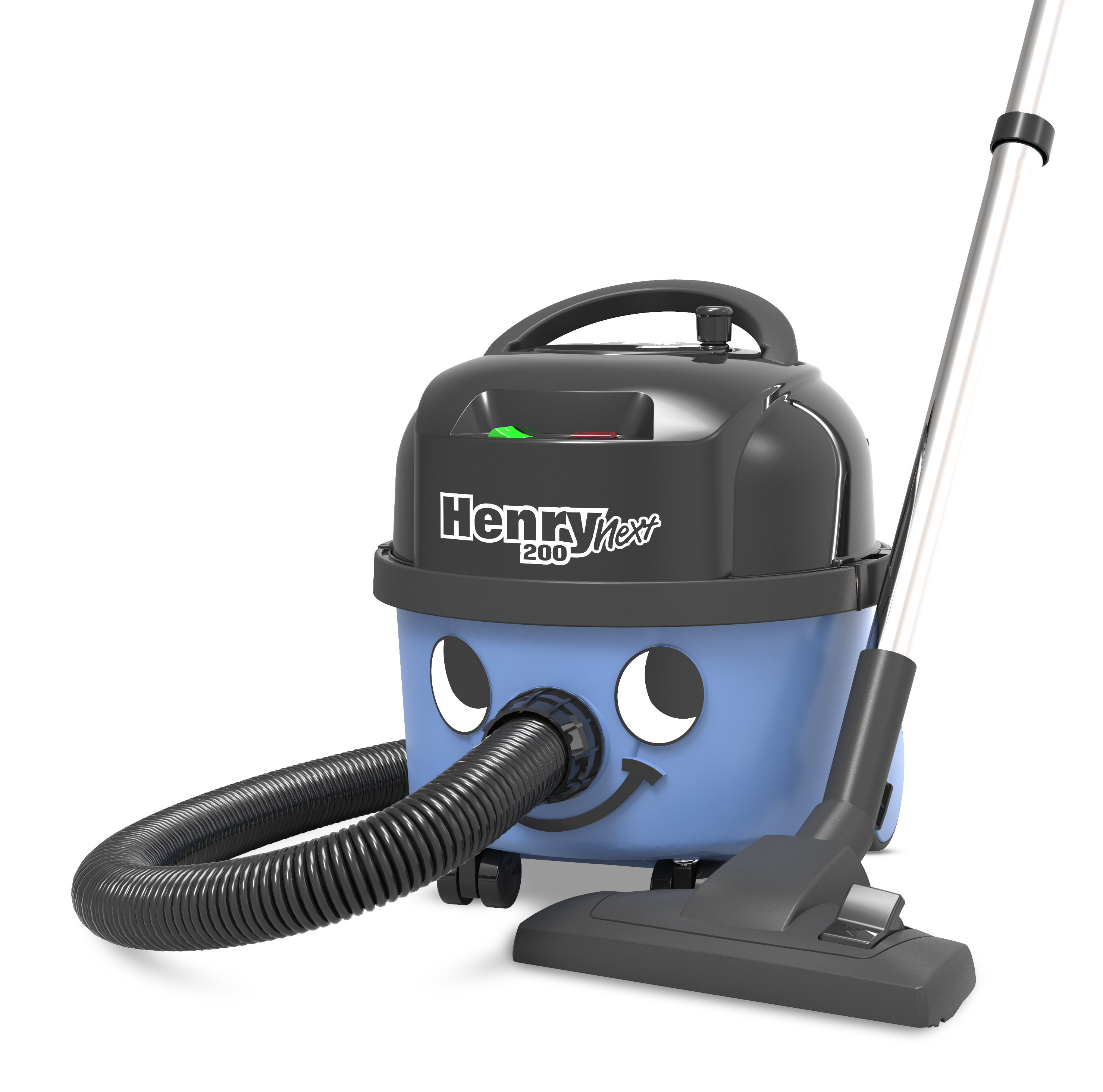 Blue and black vacuum cleaner with a smiling face design, and a detached cleaning head.
