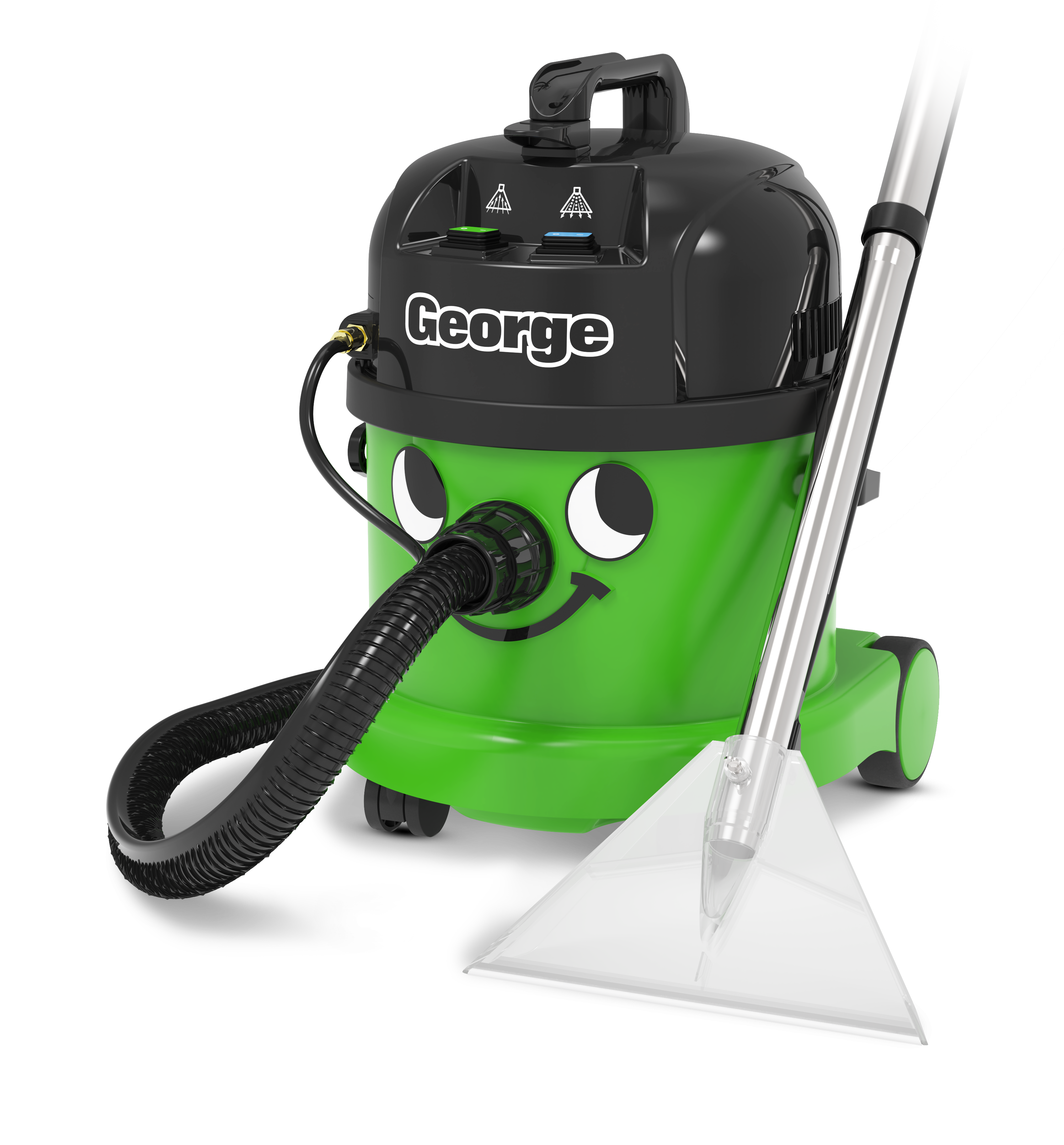 Green vacuum cleaner with a smiling face and the name 'George' on it.