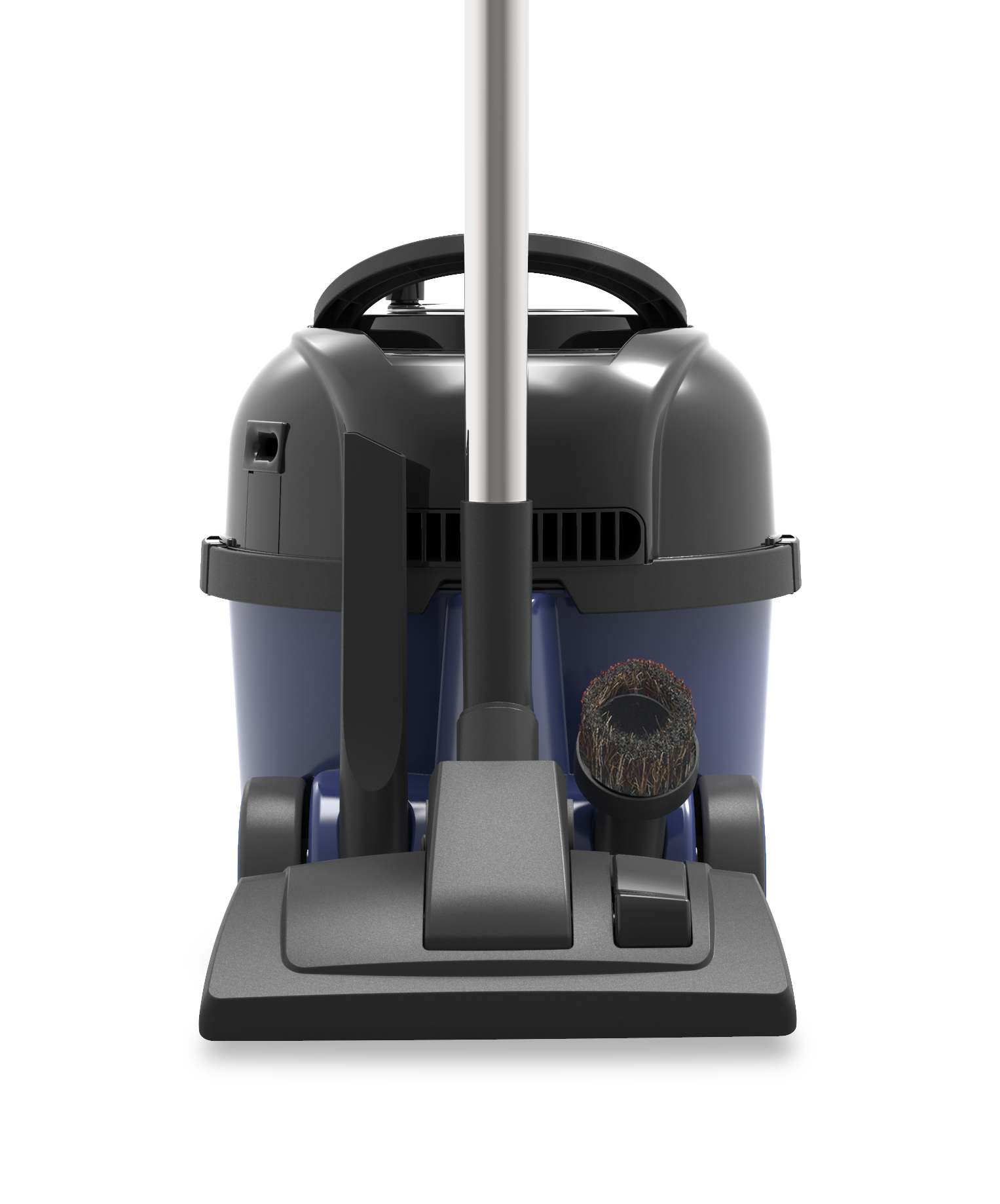 Upright vacuum cleaner with blue base and black body. White background. Brush attachment.