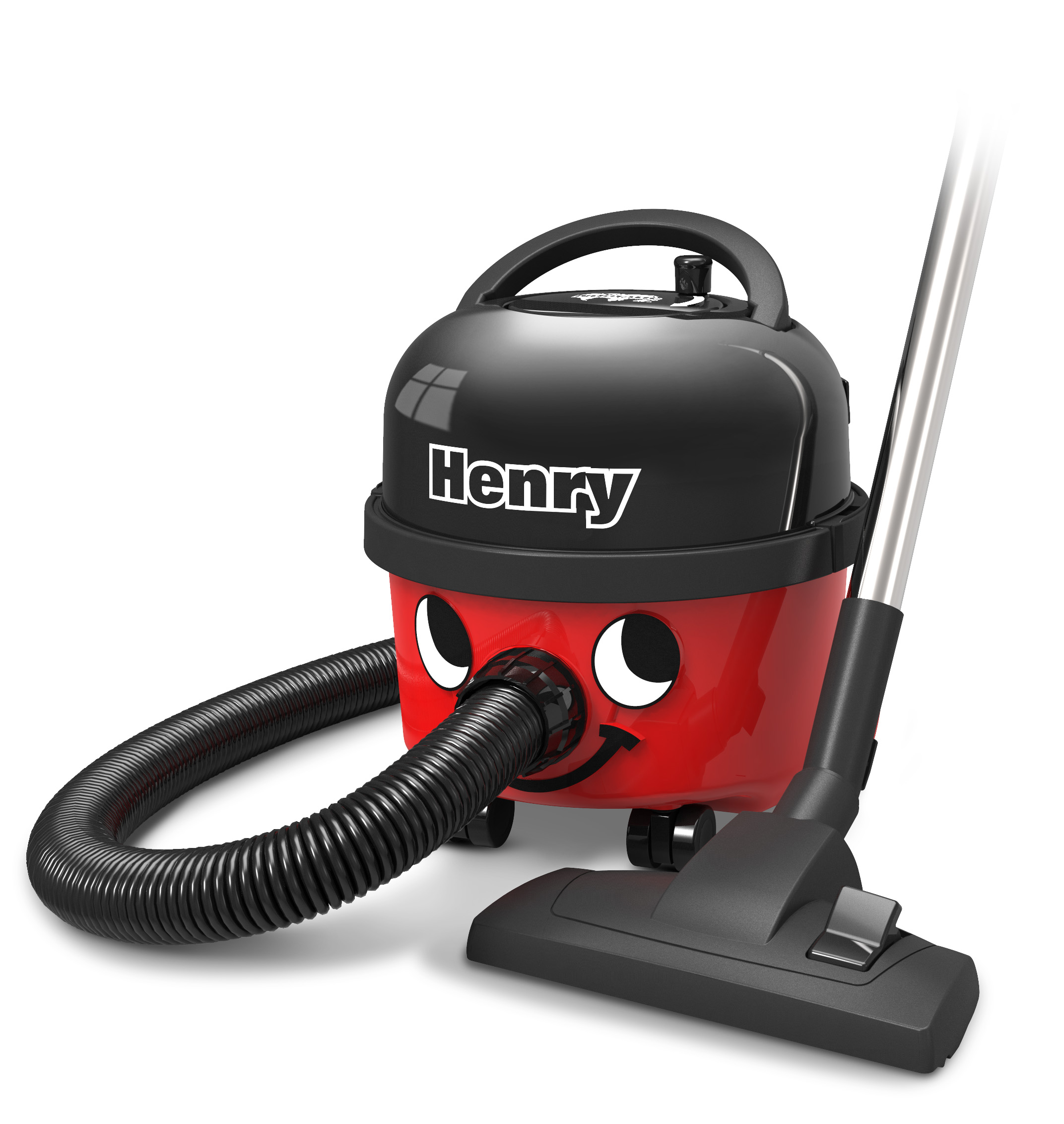 Red and black Henry vacuum cleaner. It has a smiling face, a hose, and a cleaning head with a handle.