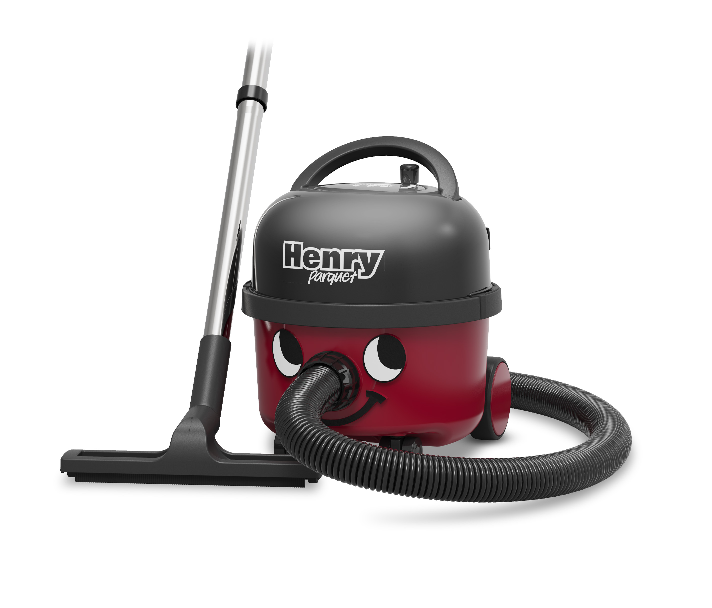 Aspirapolvere Henry rosso e nero con tubo e spazzola su sfondo bianco.