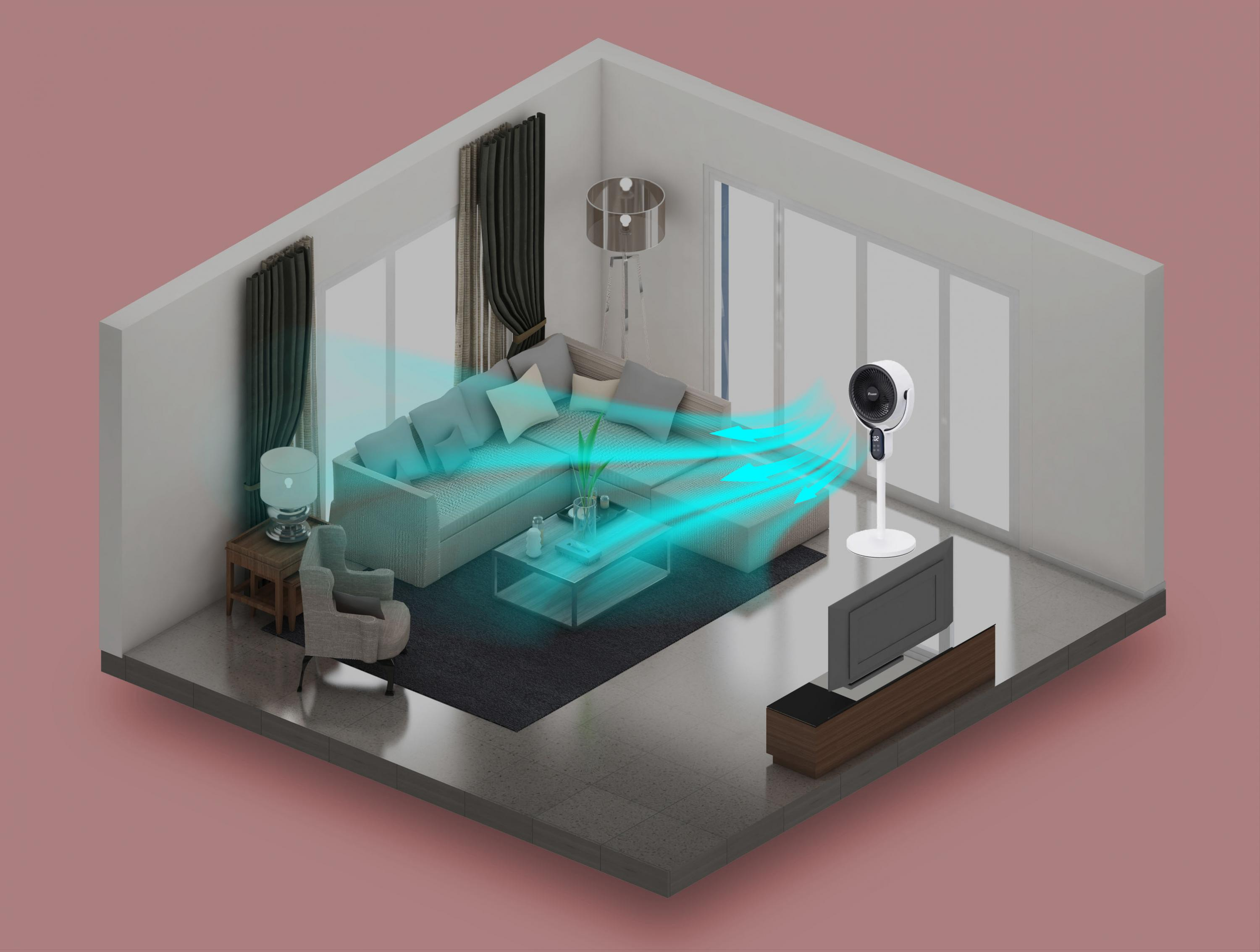 Vista isométrica de una sala de estar con ventilador, sofá, televisor y ventanas, con líneas de flujo de aire azul.