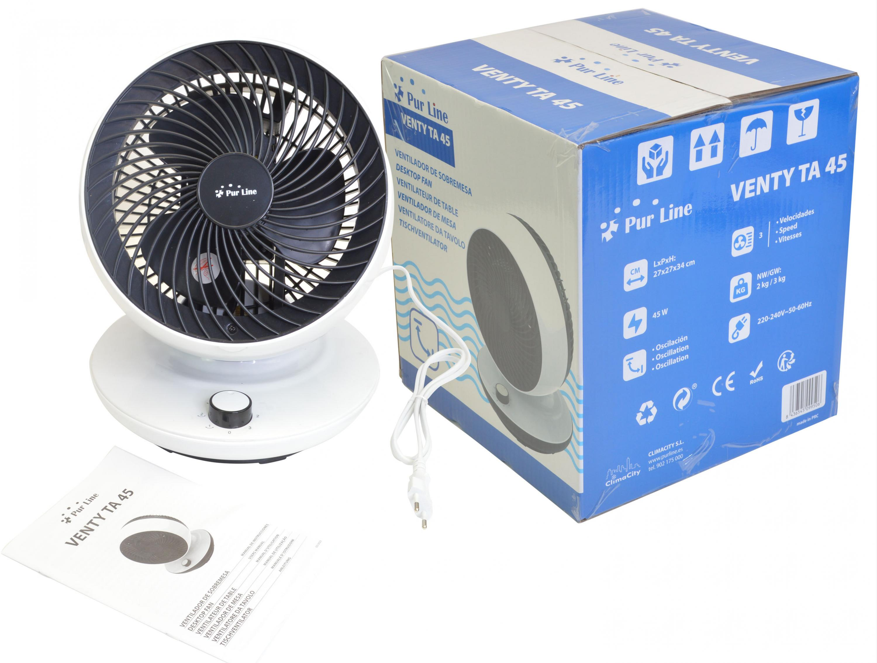 Ventilatore bianco e nero, con scatola e manuale, su sfondo bianco.