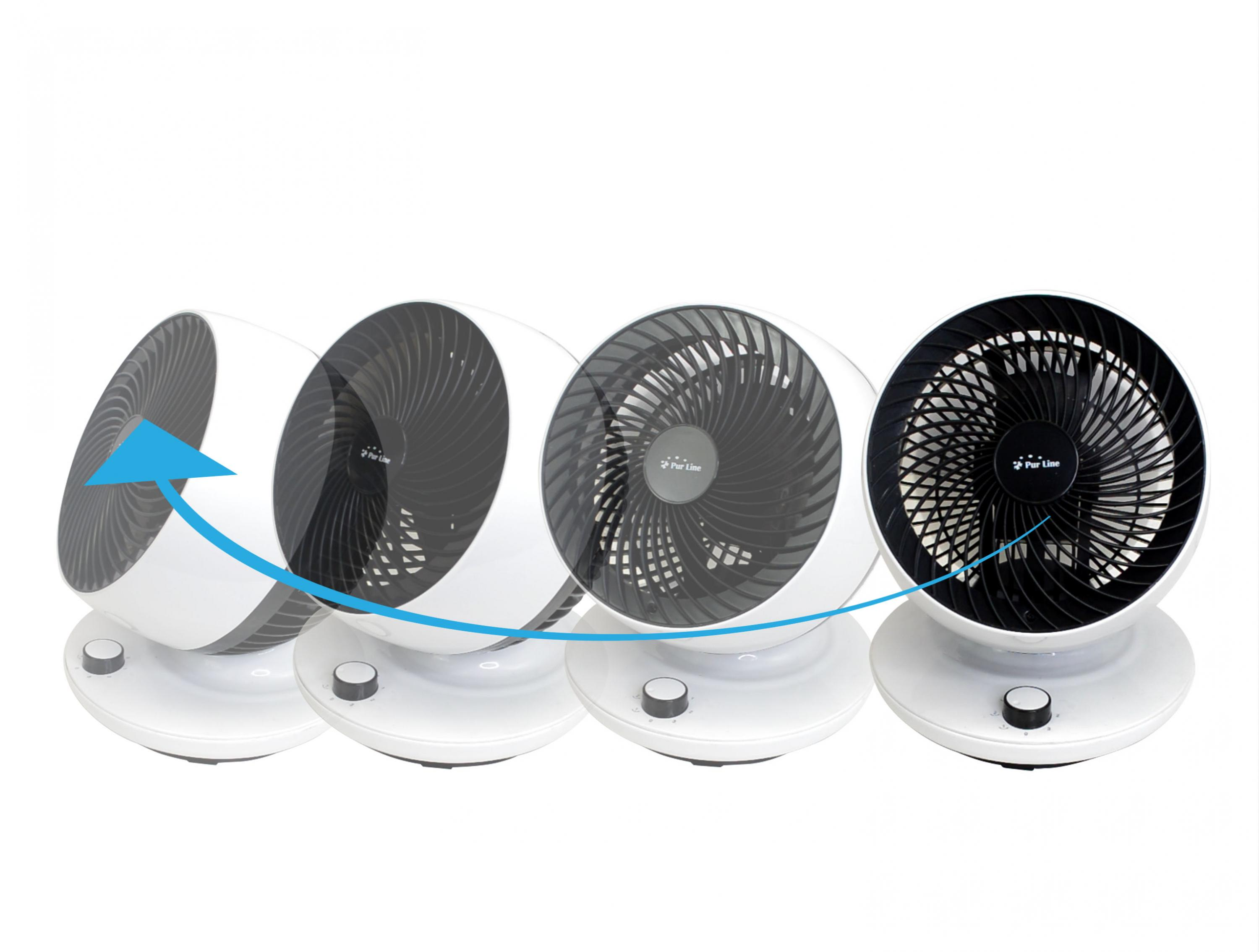 Ventilatore bianco in una serie di posizioni, con freccia che indica la rotazione. Pale nere, base bianca, pulsanti visibili.