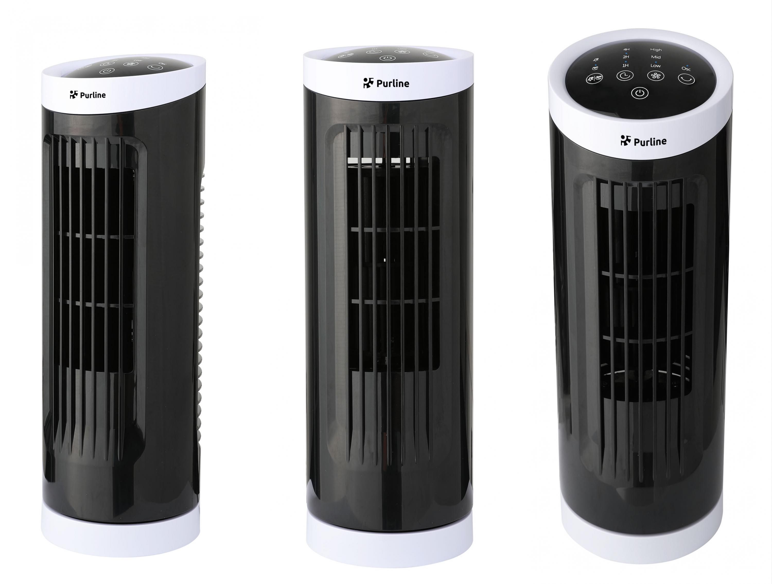 Tres ventiladores de torre en blanco y negro, cada uno con diferentes ángulos, aislados.