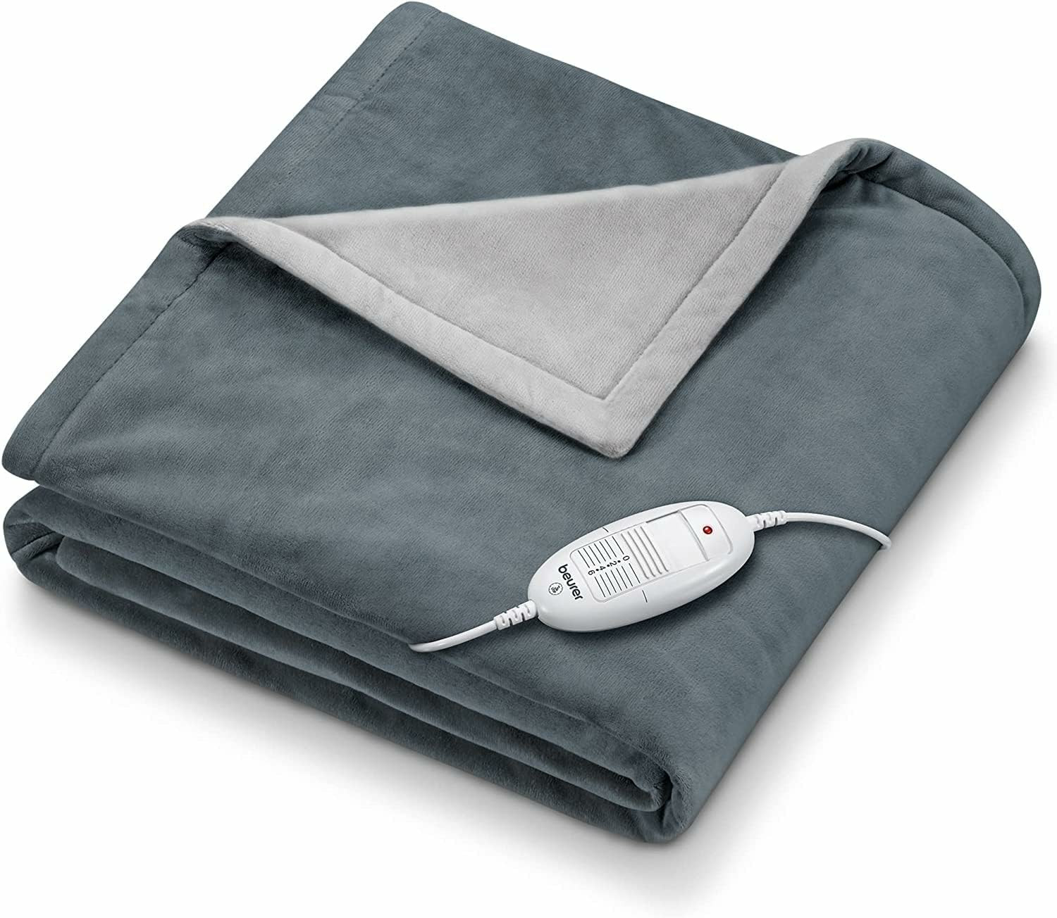 A gray blanket with a white electric control is on a white background.