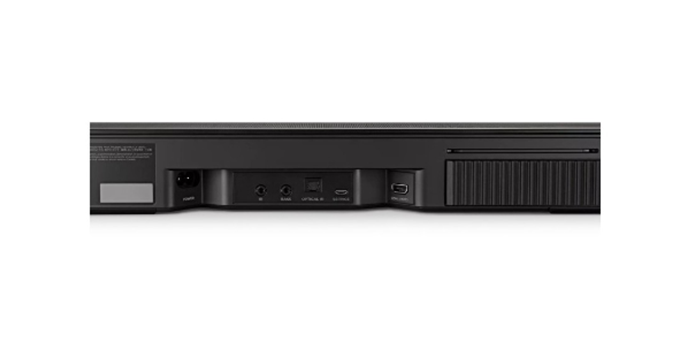 Panel trasero de barra de sonido negra con puertos de alimentación, aux, ópticos y USB.