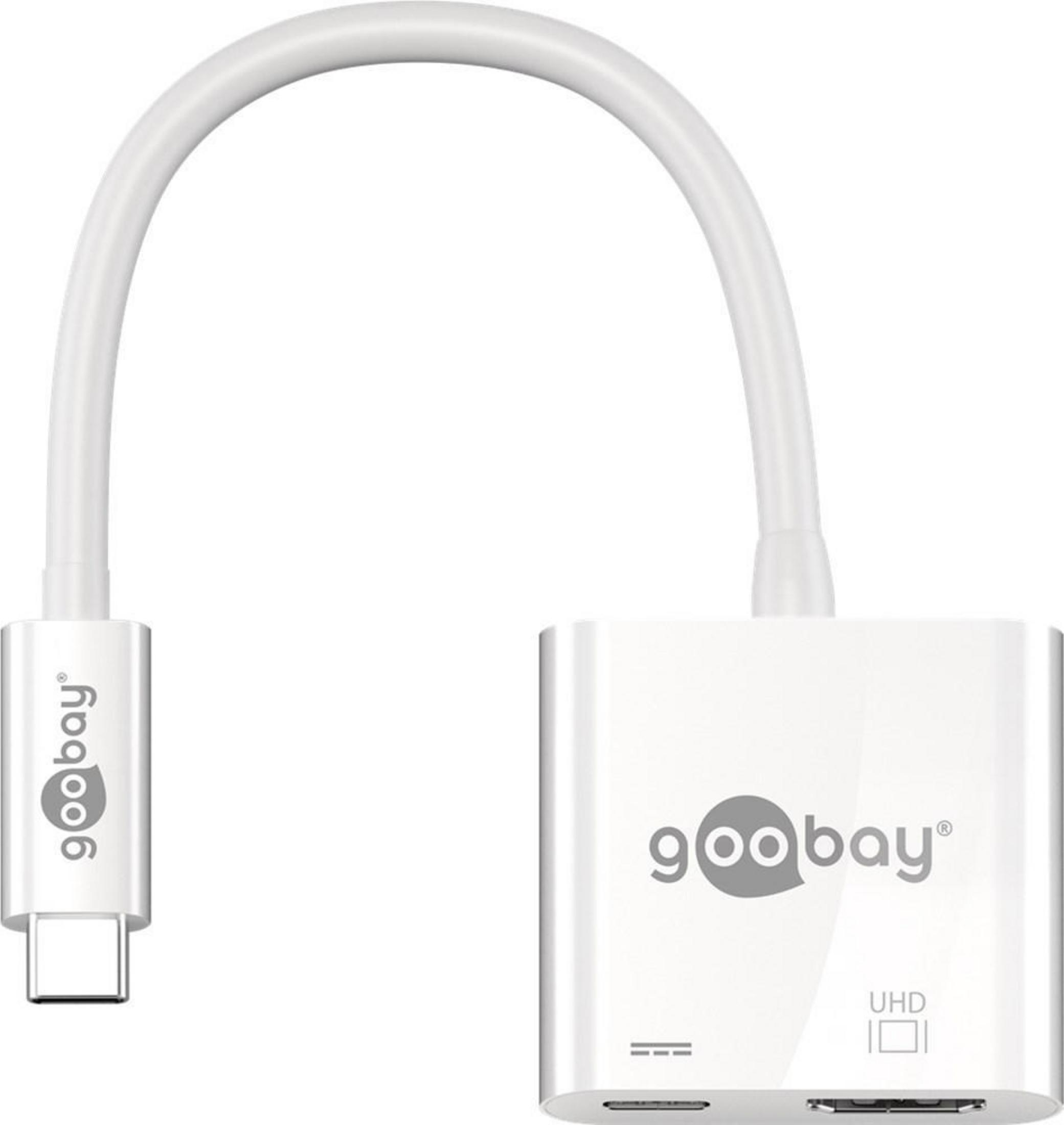 Adattatore bianco con porta USB-C e cavo bianco, collegato a un dispositivo quadrato con il logo Goobay.