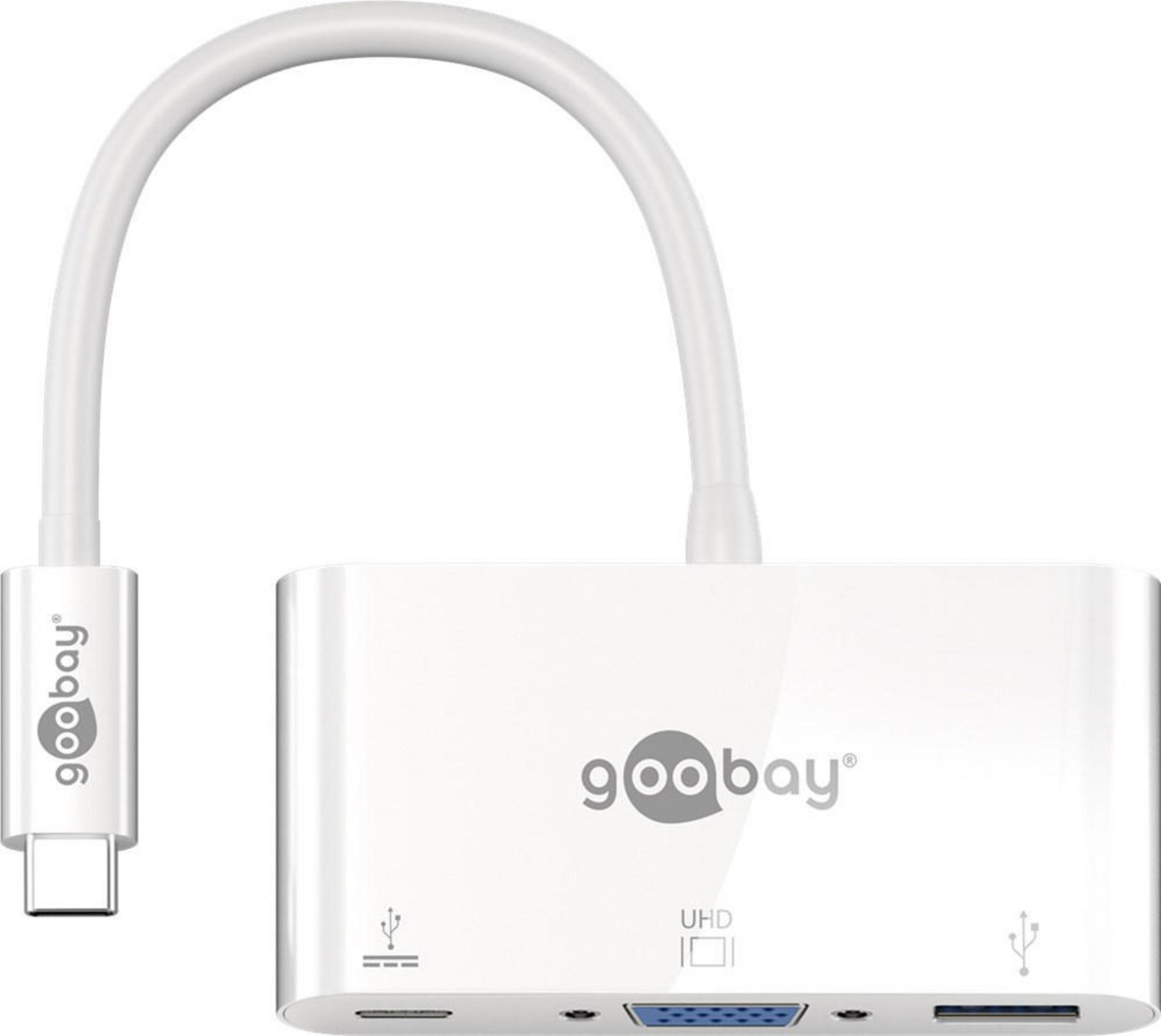 Weißer Adapter mit USB-C und mehreren Anschlüssen. Er hat ein Kabel links.