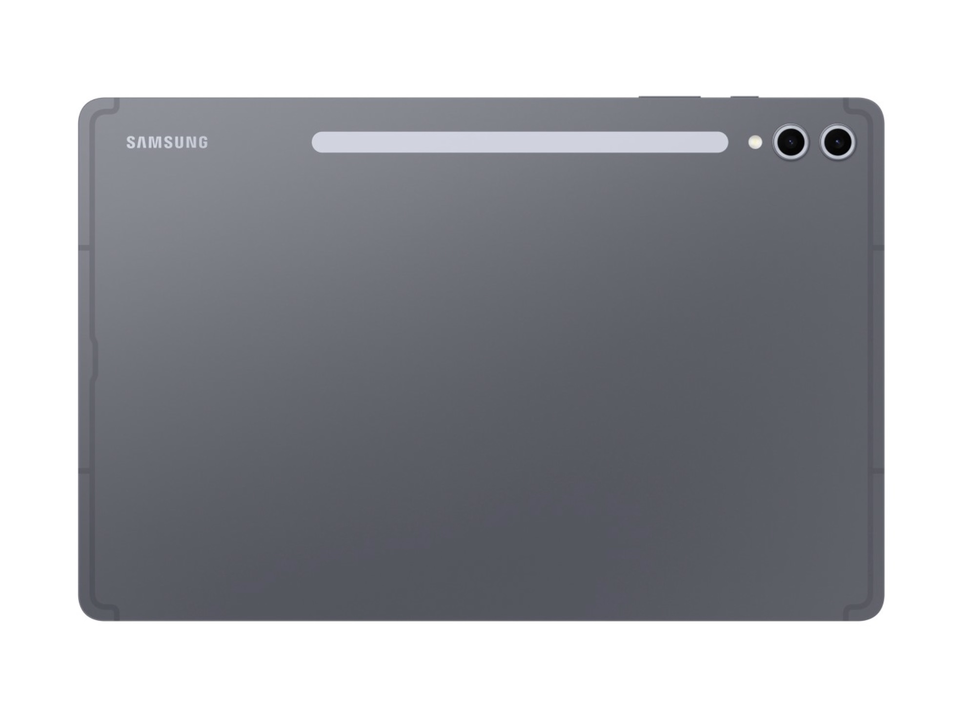 Widok z tyłu szarego tabletu Samsung z zestawem kamer i nazwą marki na górze.