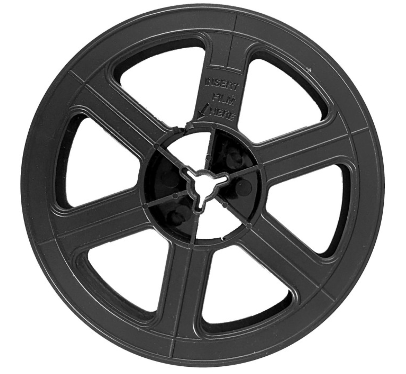 Una bobina cinematografica nera con fori e fessure, su sfondo bianco. Il centro ha una forma a stella.