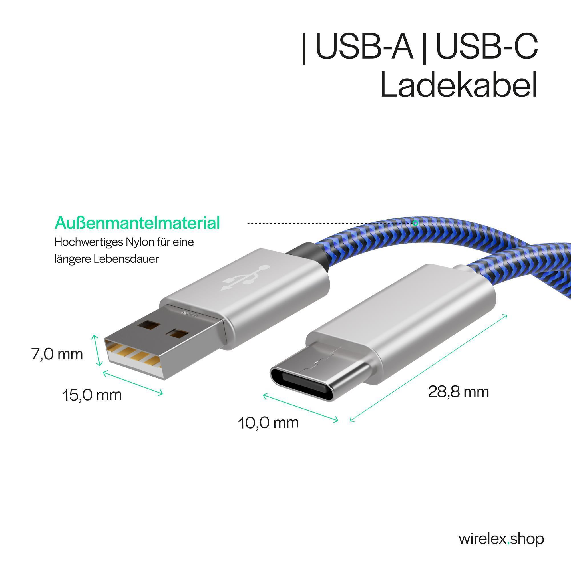 Ein USB-A-auf-USB-C-Kabel. Das Kabel hat ein blau geflochtenes Design.