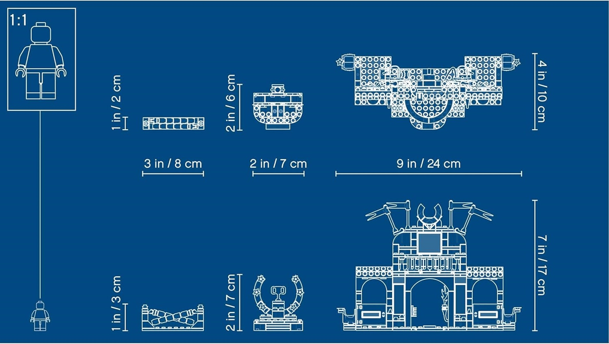 Schemat w stylu planu z klockami Lego i wymiarami w calach i centymetrach.