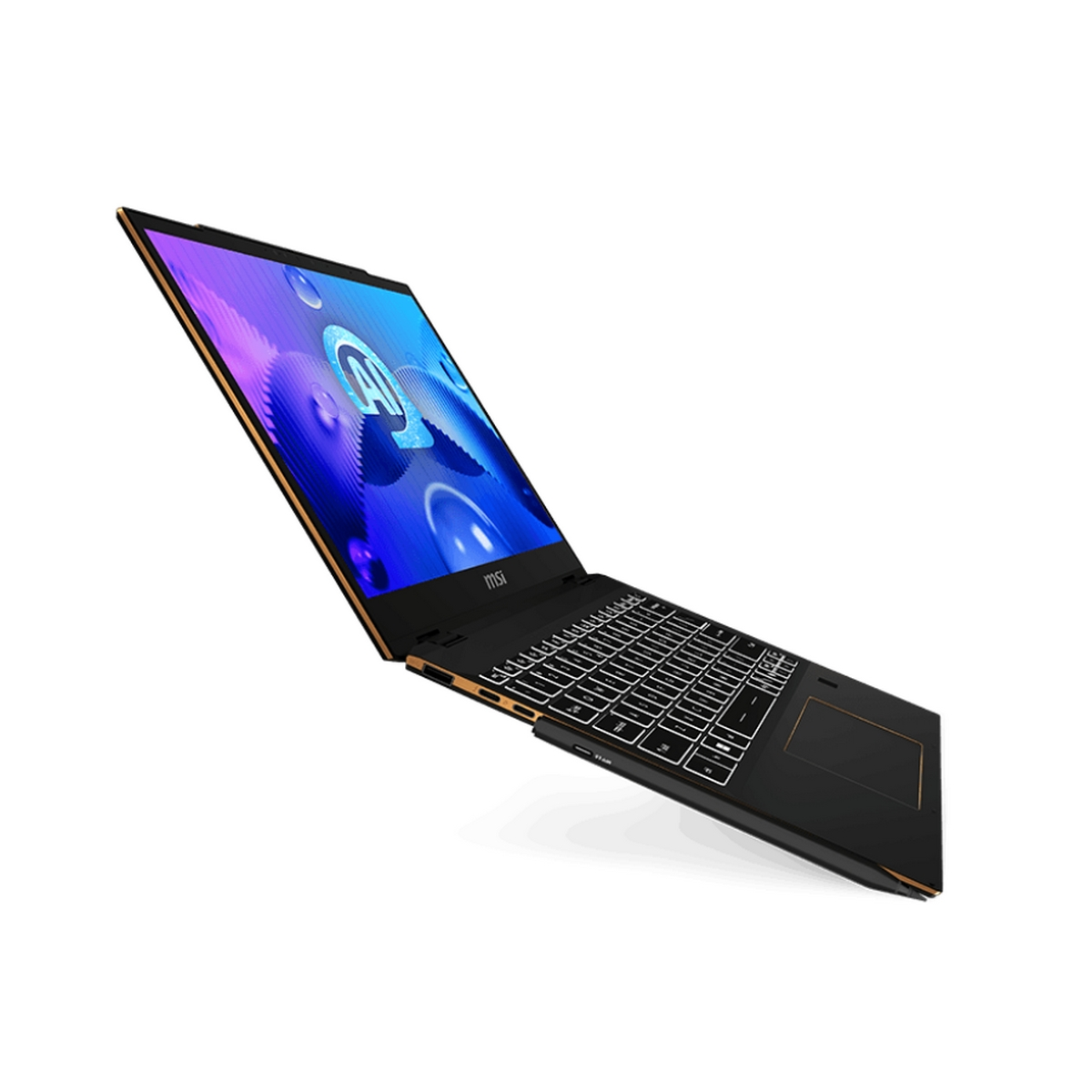 Computer portatile. Colore nero, schermo mostra un motivo blu. Dettagli dorati. Vista aperta, angolata.