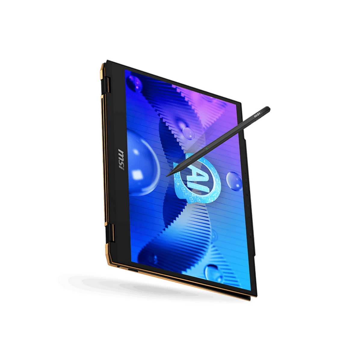 Laptop MSI, cornice dorata, display touchscreen con grafica blu. Stilo fluttuante sullo schermo.