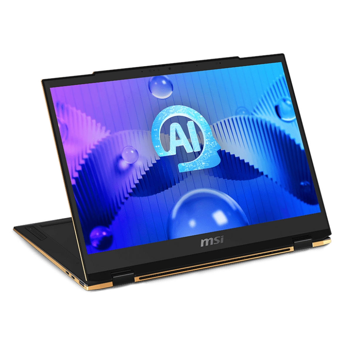 Un laptop nero e oro, aperto su una superficie bianca. Lo schermo mostra un design AI blu.