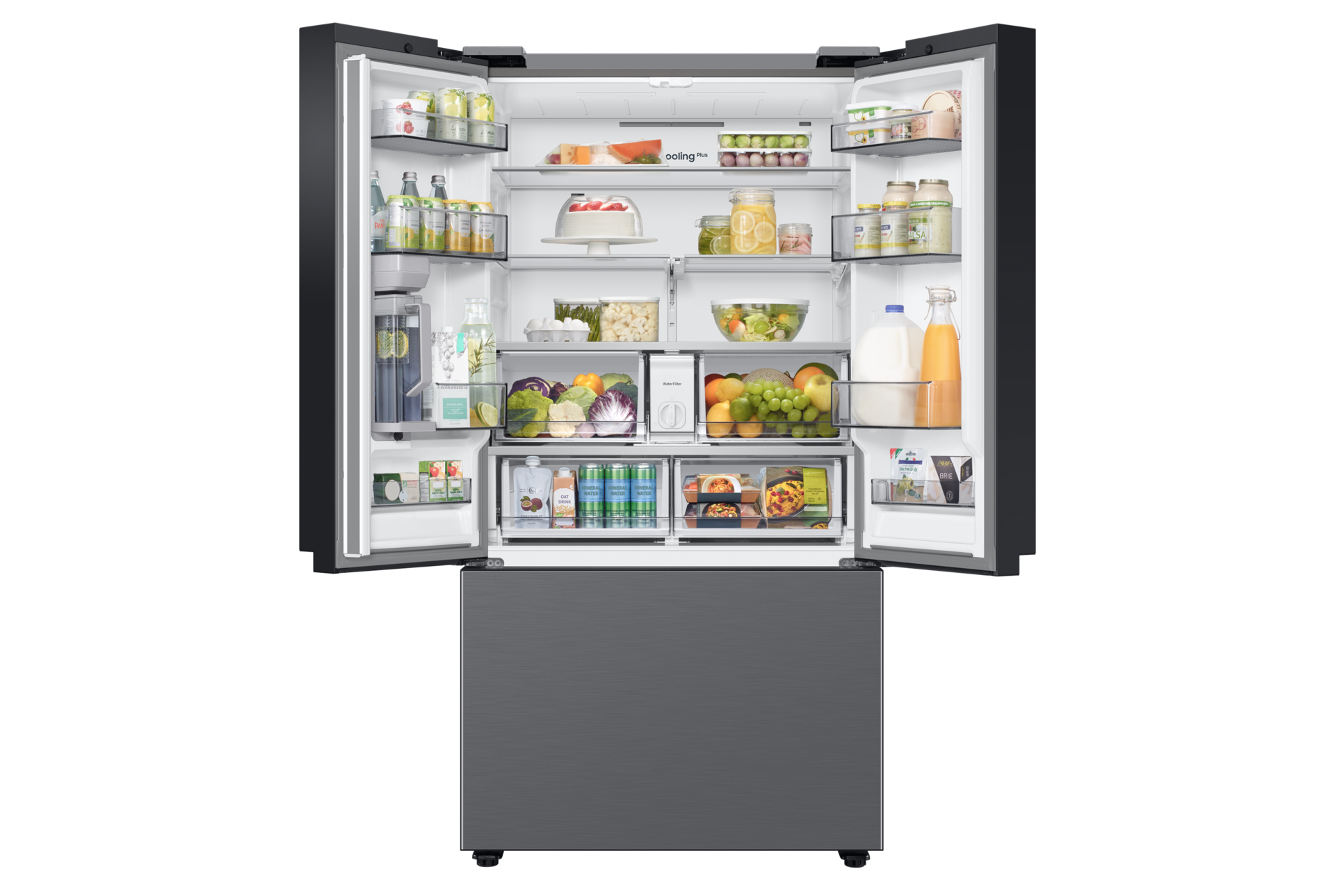 Open black fridge with food inside. Two doors and a bottom drawer visible.