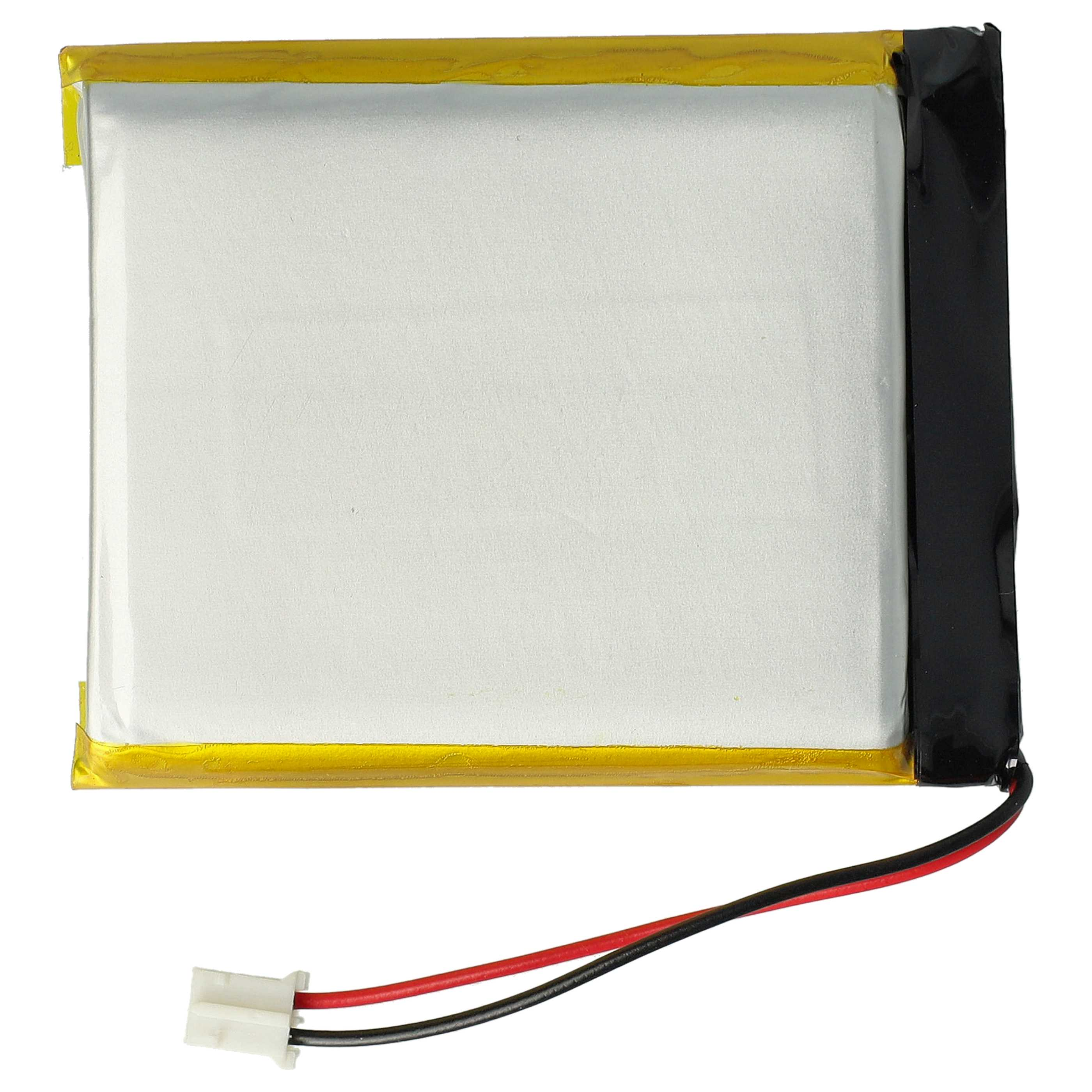 Quadratische Batterie mit zwei Drähten und einem weißen Stecker. Die Batterie ist gelb umrandet und hat eine weiße Mitte.