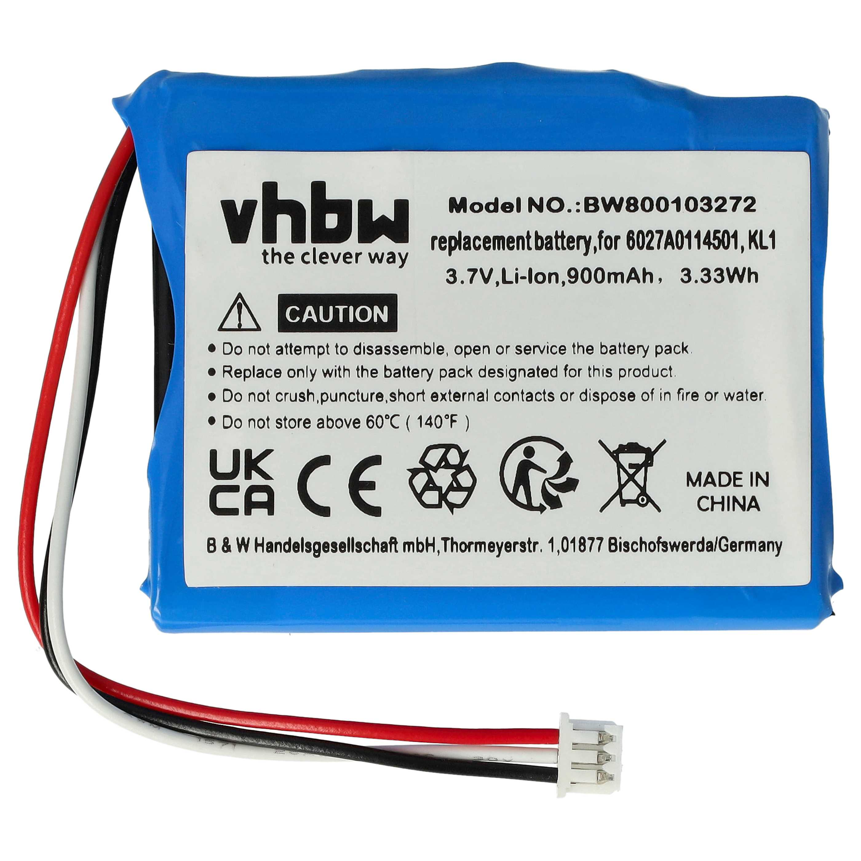 Blaue Batterie mit weißem Etikett, schwarzen und roten Drähten. Text enthält 'vHbw', Modell und Vorsichtssymbole.